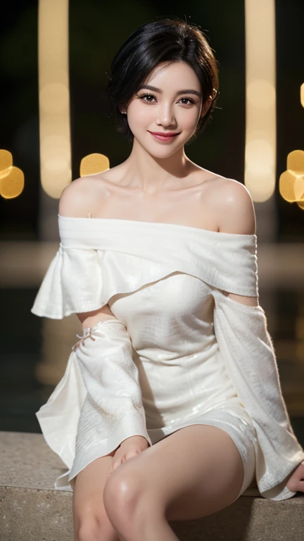 highest quality, realistic, 8K, High resolution, 1 girl, woman, (professional lighting), (portrait:0.6), (off shoulder dress:1.72), nice, black hair, (short hair:1.2), (1 girl eyes looking at the viewer:1.4), ((looking at the viewer:1.6)), (look at the camera), realistic, (Bokeh), (I wore:0.6), (dynamic pose:1.2), software, (smile:1.6),