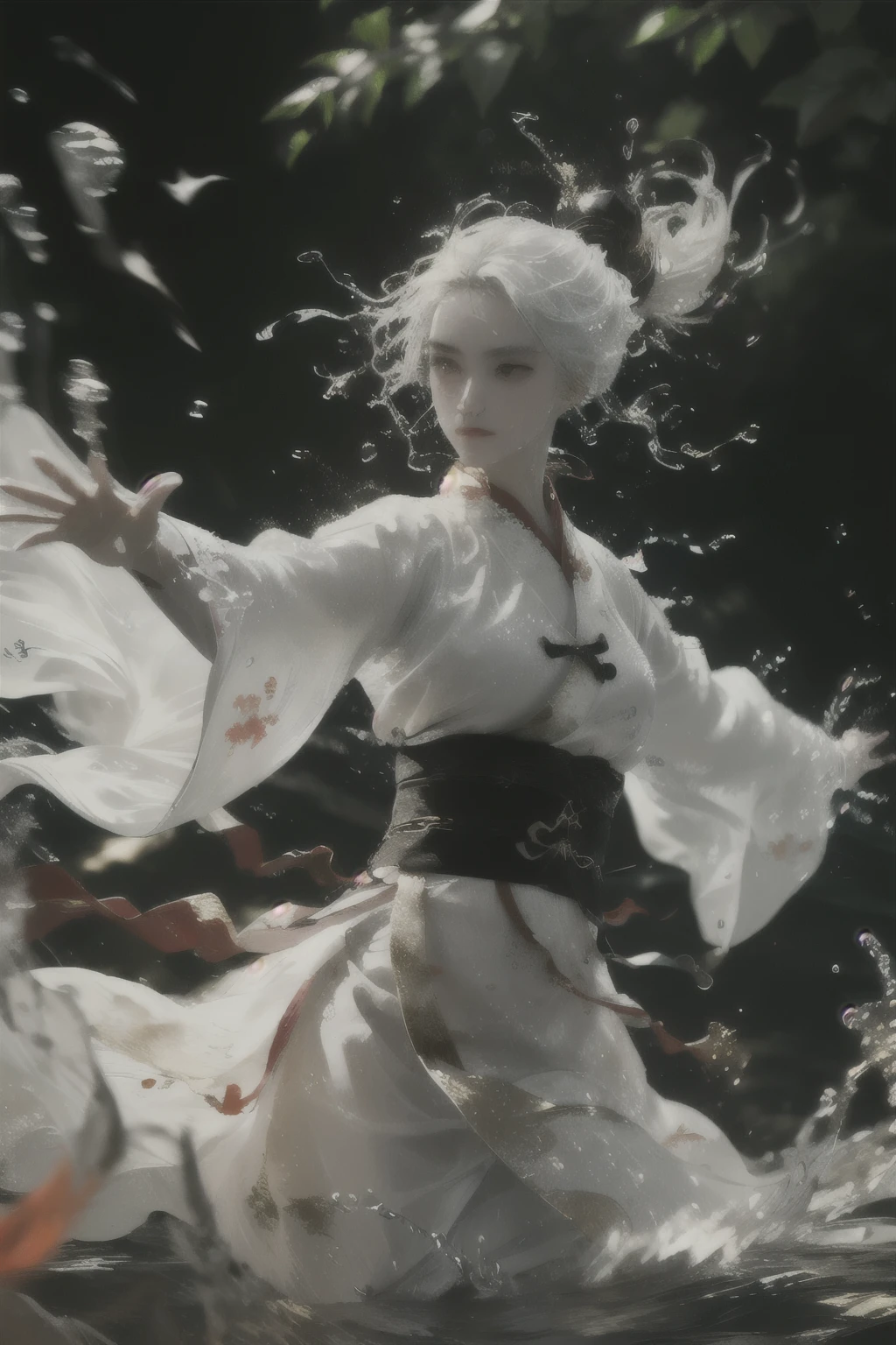 ultra high resolution, ((masterpiece))), (((best quality))), ((super detailed)),  ((extremely delicate and beautiful)),cinematic light, detailed environment(real), motion blur, depth of field, Black background
1 girl,solo, (white hair:1.2), (dark red and light gold hanfu:1.2), wide sleeves,
wide sleeves, outstretched arms, fighting stance, upper body
(splashing:1.3),
