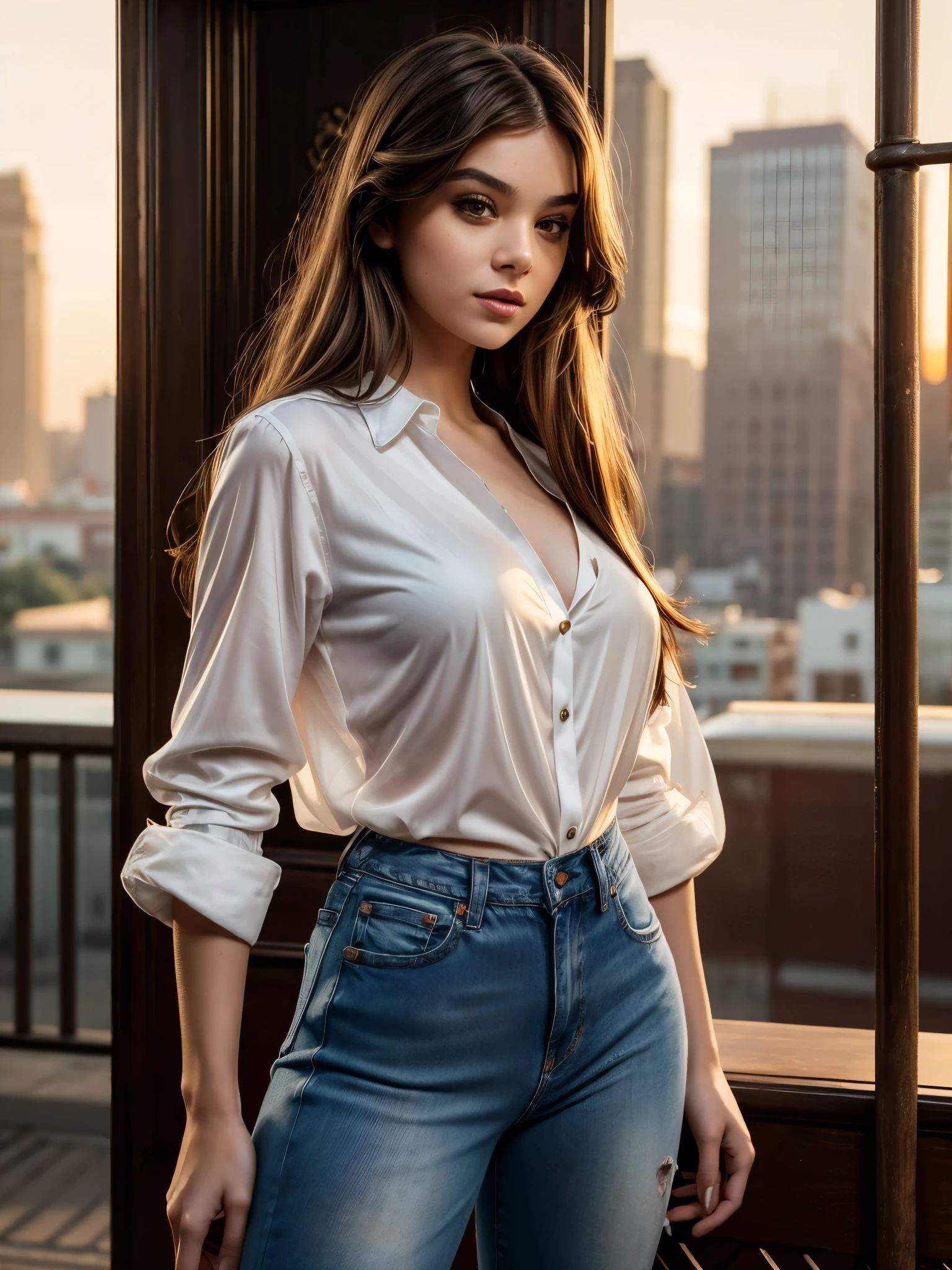 arafed woman, long brown hair, brown eyes, seductive look, white low-cut silk shirt, blue fitted jeans, sunset modern metropolis, spot lighting, light on hair, shallow depth of field, homogeneous background, looking at viewer, sexy