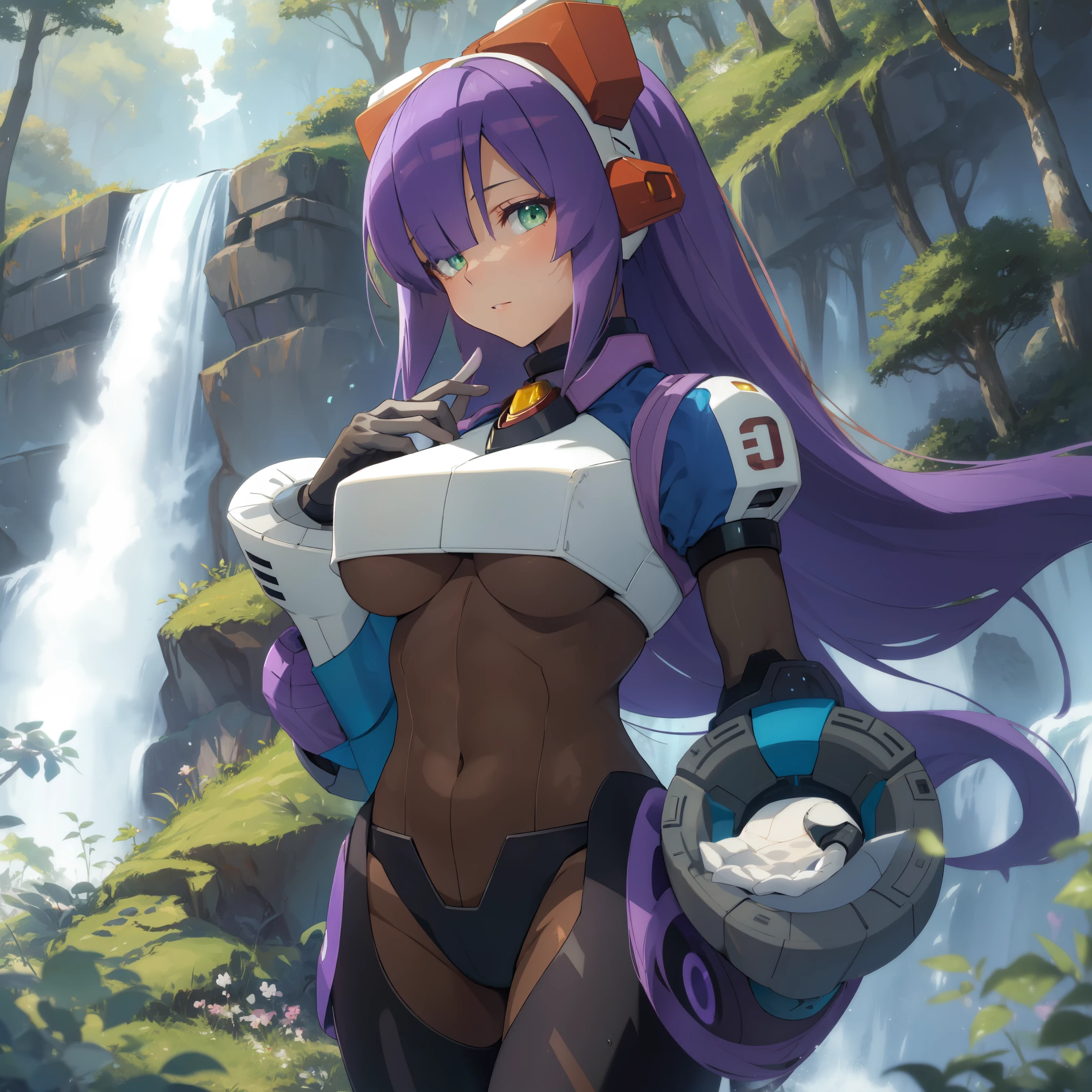 layer_megamanx, 1girl, solo, long hair, purple hair, green eyes, blunt bangs, hair over eyes, large breasts, dark skin, dark-skinned female, android, underboob, robot ears, high quality, masterpiece, in a dark forest looking out at a waterfall, in the style of ultra detailed, dark cyan and light bronze, eye-catching tags, physically based rendering, depictions of inclement weather, heavy shading, landscape inspirations