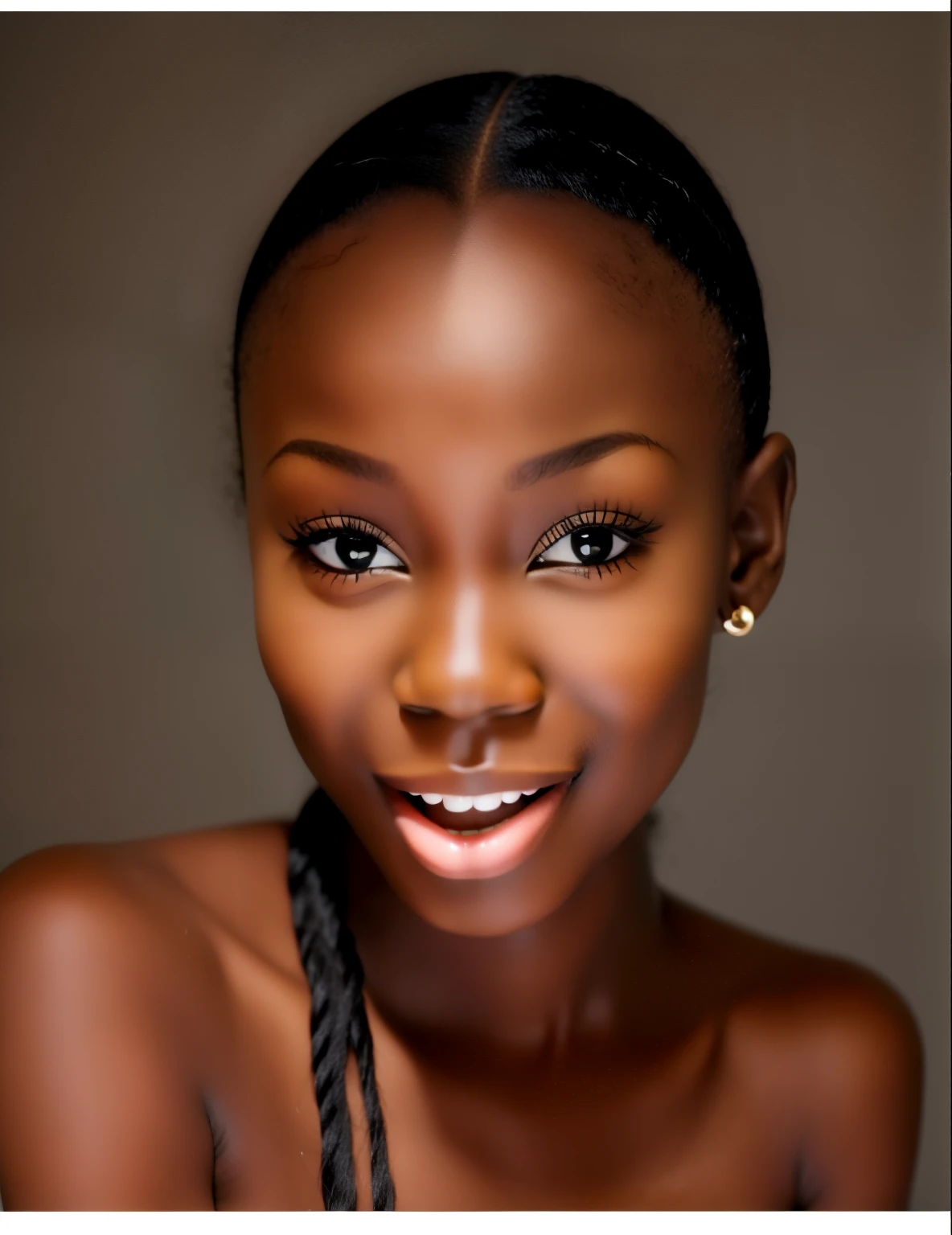 African girl young under 13 years, extremely very dark skin, long hair, perfect lips perfect mouth perfect teeth shocked face