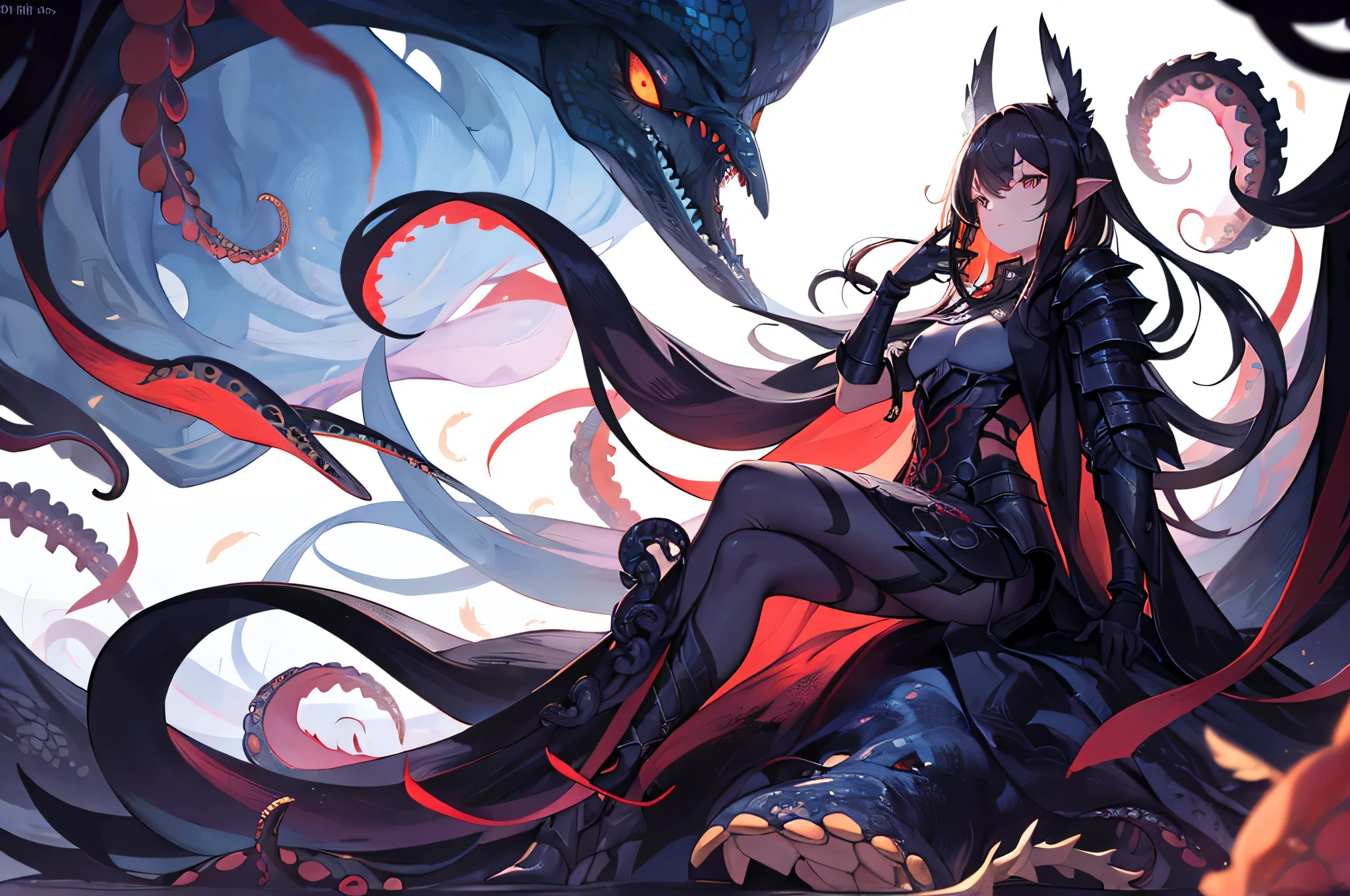 lovecraftian creature, Ominous creature hidden details,girl,individual,Wear armor,Guang Ling,black background,long white hair,lizard tail,lizard scales,feather,Octopus tentacles,beast,canine