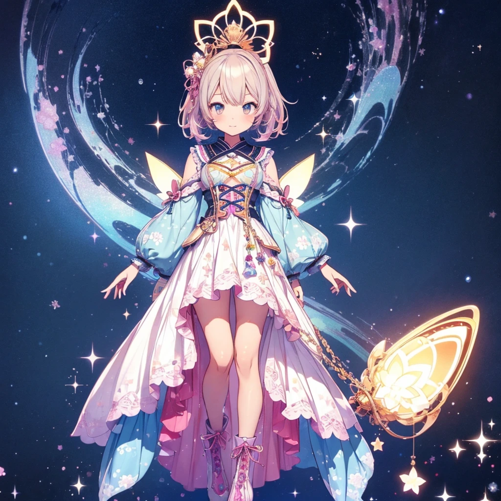 1girl、vtuber-fullbody、Star Fairy、masterpiece、official art、Super detailed、super beautiful、かわいいStar Fairy、white straight short hair、Milky Way、universe、star charm、star、、Knee-high boots、Japanese pattern dress、着物をリメイクしたOiranフリルゴスロリ、universeを表現したMilky Way柄Oiranフリルドレス、Oiran