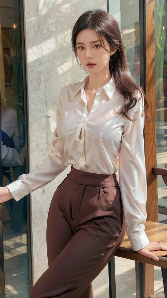 1girl, statue, shirt, pants, breasts, white_shirt, looking_at_viewer, solo, realistic, black_hair, brown_eyes, open_clothes, high-waist_pants, medium_breasts, collared_shirt, long_sleeves, partially_unbuttoned, lips, open_shirt, brown_pants