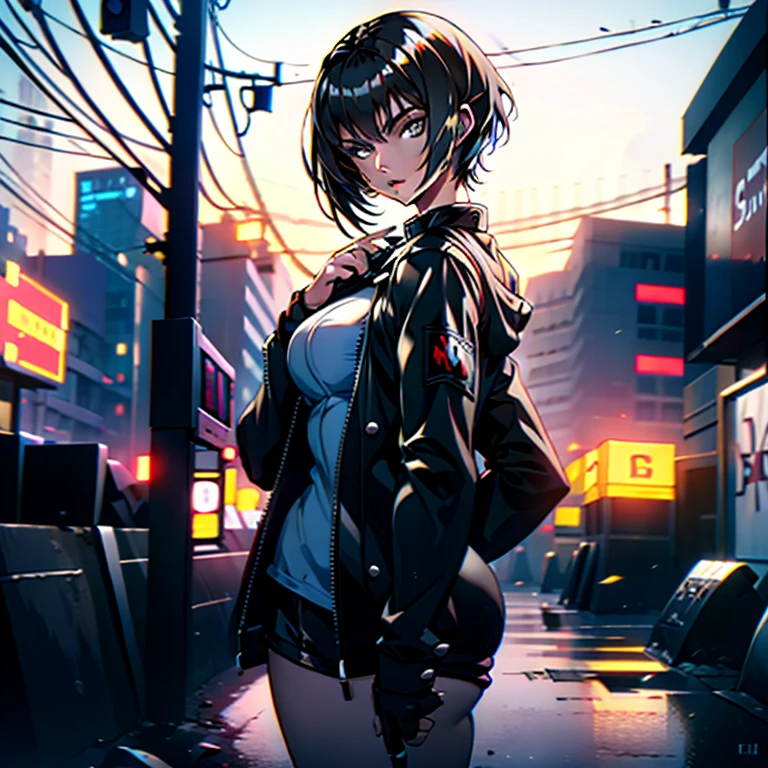 goth girl, in street, short hair, black hair, short outfits, black letter jacket, looking the viewer, 4k