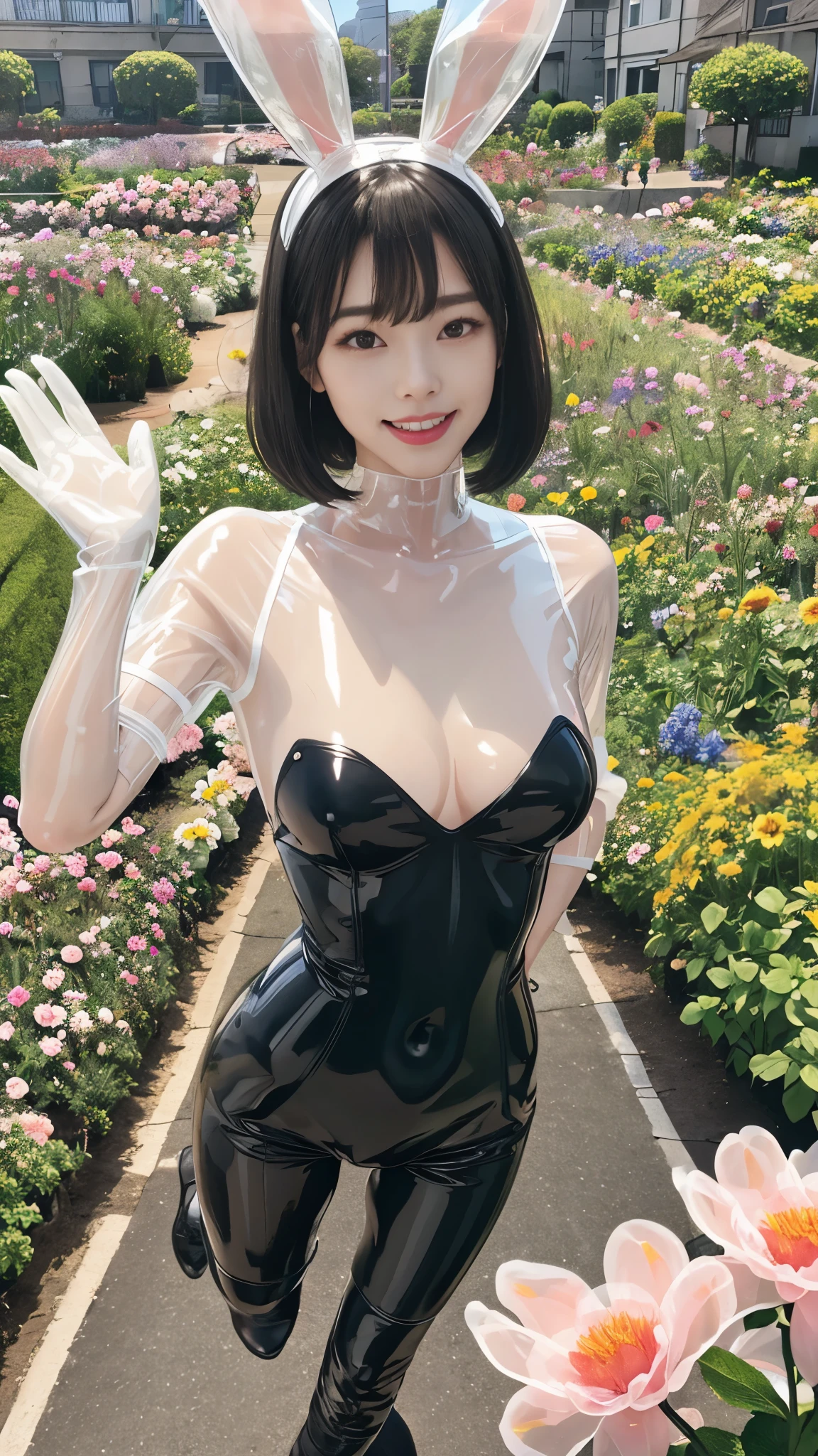 (masutepiece:1.0), (Best Quality:1.4), (A high resolution:1.2), (Photorealistic:1.4),(close up:1.2), (8K, Raw photo:1.2), (Soft Focus:1.4),BREAK,There is 2 girls wearing latex bunny who is hugging each other and jumping to the sky and smiling and taking pictures.............................................................,full body lesbian,( her whole body covered with black latex:1.3),BREAK ,(one girl is wearing a translucent latex clear bunny:1.4),BREAK,(another girl is wearing a translucent latex clear bunny:1.4),BREAK,Slime skin,smooth tight bunny, translucent skin,Latex, Translucent body,latex shiny,detailed hand fingers,(glossy latex gloves:1.2), The perfect costume for your skin,BREAK,bob hair,(mint hair:1.3),glossy shiny reflective,natural make up,goddess of Japan, Glossy skin,gorgeous japanese model,Tecateca,shiny,Slimy,(Glossy black thigh-high boots:1.2),BREAK,detailed background,in the middle of a city,(floating above a flower garden:1.6),(floating over a flower garden:1.6),