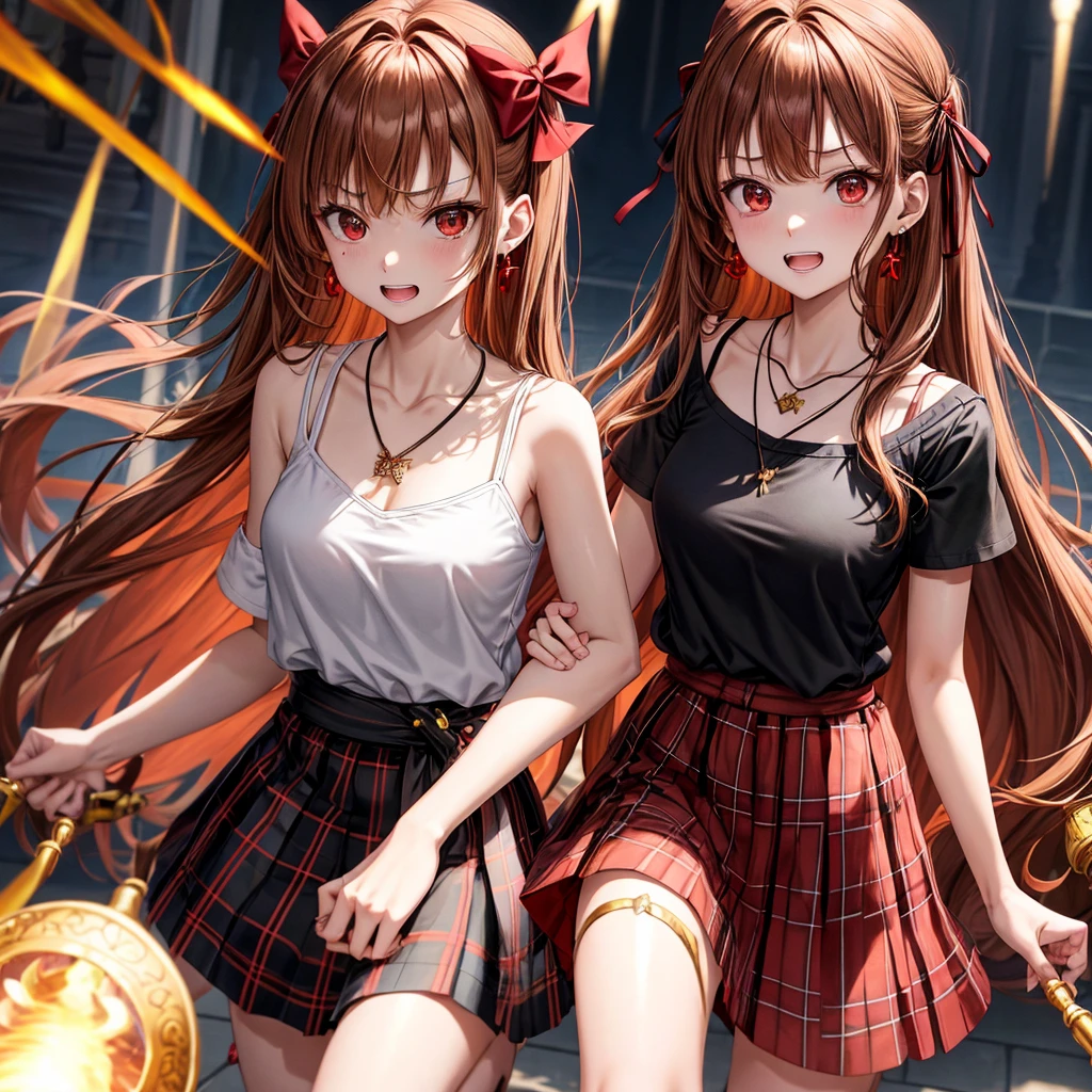 reddish-brown golden hair、red eyes、one good looking girl、solo、anime、plaid mini skirt、black camisole、black t-shirt、dress、wearing a ribbon、ribbon at waist、crystal earrings、jewelry necklace、Light and shadow、tilting one's face、teeth are visible、pillar、torches、evil looking face、Kuroko