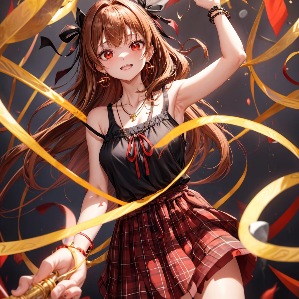 reddish-brown golden hair、red eyes、one good looking girl、solo、anime、plaid mini skirt、black camisole、black t-shirt、dress、wearing a ribbon、ribbon at waist、crystal earrings、jewelry necklace、Light and shadow、tilting one's face、teeth are visible、pillar、torches、evil looking face、Kuroko