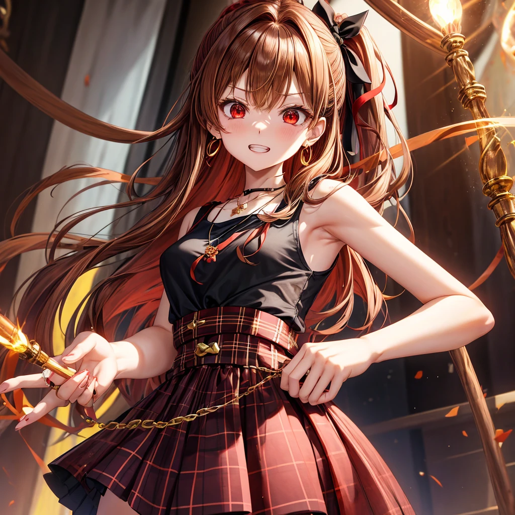 reddish-brown golden hair、red eyes、one good looking girl、solo、anime、plaid mini skirt、black camisole、black t-shirt、dress、wearing a ribbon、ribbon at waist、crystal earrings、jewelry necklace、Light and shadow、tilting one's face、teeth are visible、pillar、torches、evil looking face、Kuroko