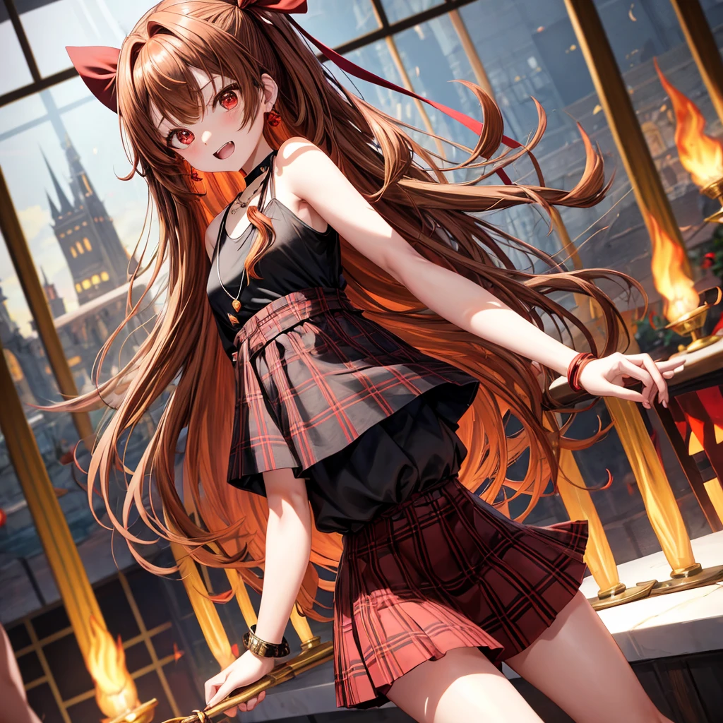 reddish-brown golden hair、red eyes、one good looking girl、solo、anime、plaid mini skirt、black camisole、black t-shirt、dress、wearing a ribbon、ribbon at waist、crystal earrings、jewelry necklace、Light and shadow、tilting one's face、teeth are visible、pillar、torches、evil looking face、Kuroko