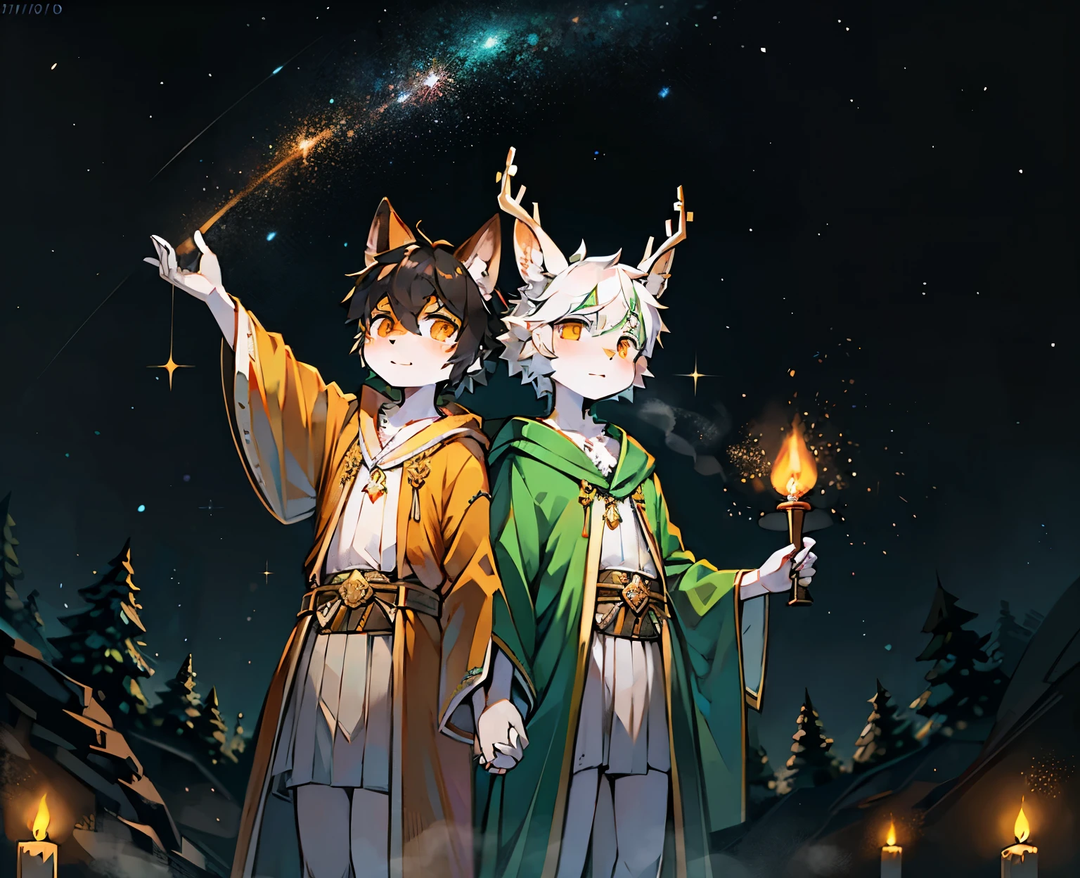 A white deer with green pupils and white hair,A wolf with black hair and orange eyes,Brilliant Milky Way,Green pupils,Star,flowing robe,Fluttering robes,holding a hand,Lovely shota,hangs in the air,Double,Light green robe,orange robe,Knighthood,Cotton clothes,Clothes cover the front,Handheld candlestick