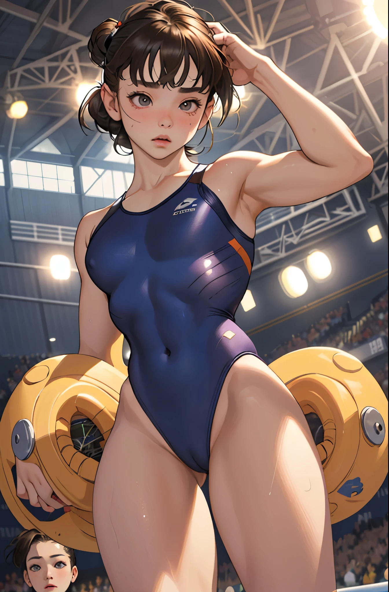 Realistic,15 year old girl.wearing a leotard,gymnast,gymnastics arena,笑face,face,skin realism