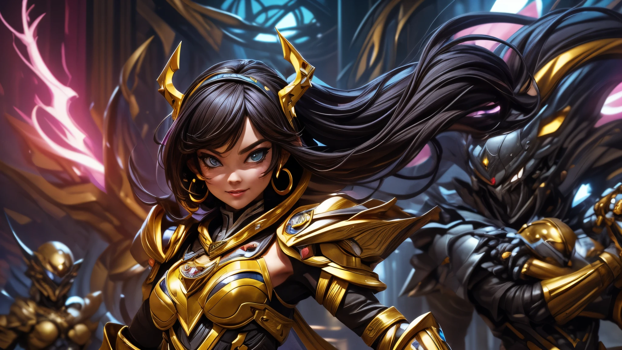 (best quality,4k,8k,highres,masterpiece:1.2),ultra-detailed, Alien Princess, with lightning powers and stylized golden electric armor, Female Commander Invading a city with her Ranger troops behind her, strutting her stuff, Smiling and laughing, Flirting with the viewer, HDR, 8k, absurdres, cinestill 800, sharp focus, add_detail:3 (solo woman) anime Villainess, wideshot, widescreen