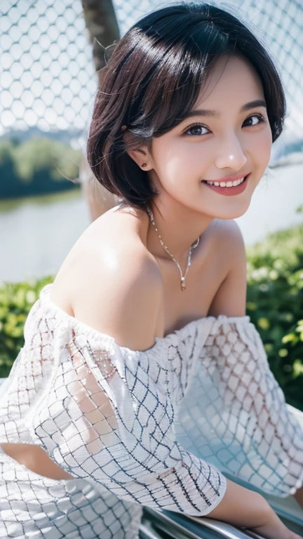 (Highest quality, masterpiece, High resolution), Beautiful 18 year old woman。She is wearing a white off-the-shoulder dress with white frills that only covers her breasts.。Shoulders out、優しいsmile、Show some teeth。Short bob hair straight、(Voluminous short bob、Trimming the bob、Straight Hair、Straight bangs、bangs above eyebrows)、Bob with only one ear showing、Sharp focus、(Light)、clavicle、earrings、necklace、Lightグレーの背景、smile