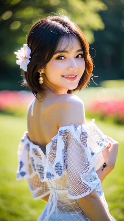highest quality, realistic, 8K, High resolution, 1 girl, woman, (professional lighting), (portrait:0.6), (White net off-shoulder dress:1.72), nice, black hair, (short hair:1.2), (1 girl eyes looking at the viewer:1.4), ((looking at the viewer:1.6)), (look at the camera), realistic, (Bokeh), (I wore:0.6), (dynamic pose:1.2), software, (smile:1.6),