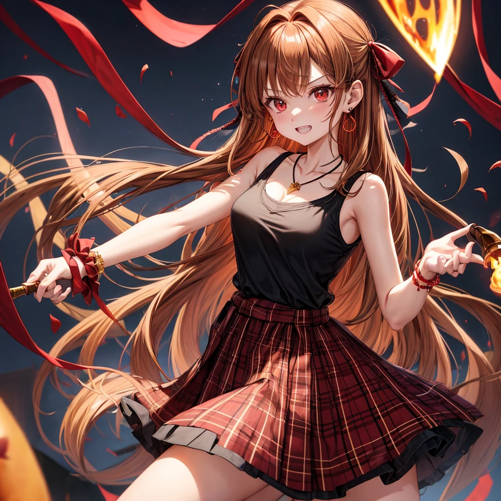 reddish-brown golden hair、red eyes、one good looking girl、solo、anime、plaid mini skirt、black camisole、black t-shirt、dress、wearing a ribbon、ribbon at waist、crystal earrings、jewelry necklace、Light and shadow、tilting one's face、teeth are visible、pillar、torches、evil looking face、Kuroko