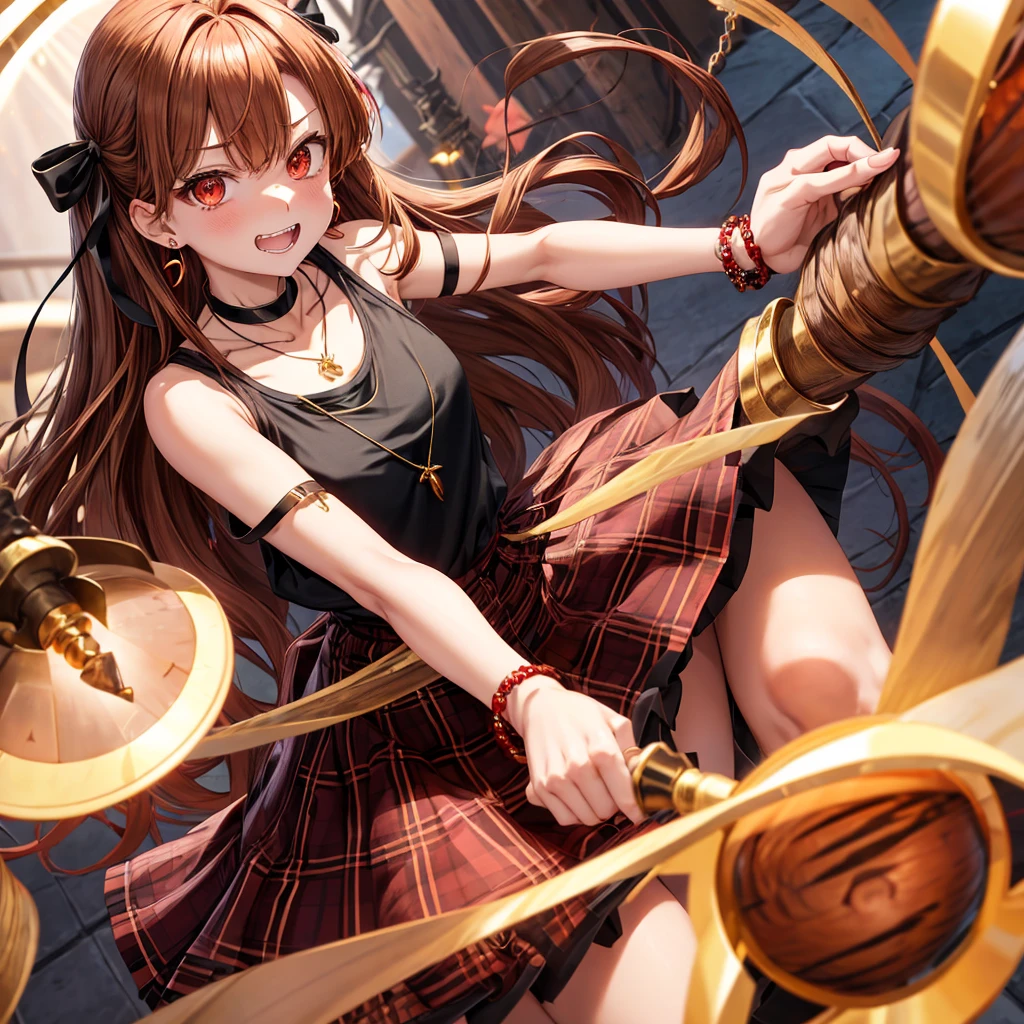 reddish-brown golden hair、red eyes、one good looking girl、solo、anime、plaid mini skirt、black camisole、black t-shirt、dress、wearing a ribbon、ribbon at waist、crystal earrings、jewelry necklace、Light and shadow、tilting one&#39;s face、teeth are visible、pillar、torches、evil looking face、Kuroko