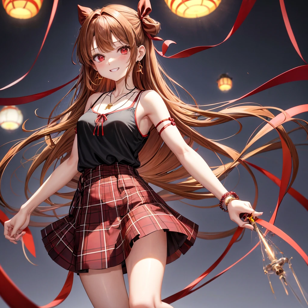 reddish-brown golden hair、red eyes、one good looking girl、solo、anime、plaid mini skirt、black camisole、black t-shirt、dress、wearing a ribbon、ribbon at waist、crystal earrings、jewelry necklace、Light and shadow、tilting one&#39;s face、teeth are visible、pillar、torches、evil looking face、Kuroko