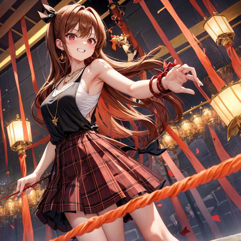 reddish-brown golden hair、red eyes、one good looking girl、solo、anime、plaid mini skirt、black camisole、black t-shirt、dress、wearing a ribbon、ribbon at waist、crystal earrings、jewelry necklace、Light and shadow、tilting one&#39;s face、teeth are visible、pillar、torches、evil looking face、Kuroko