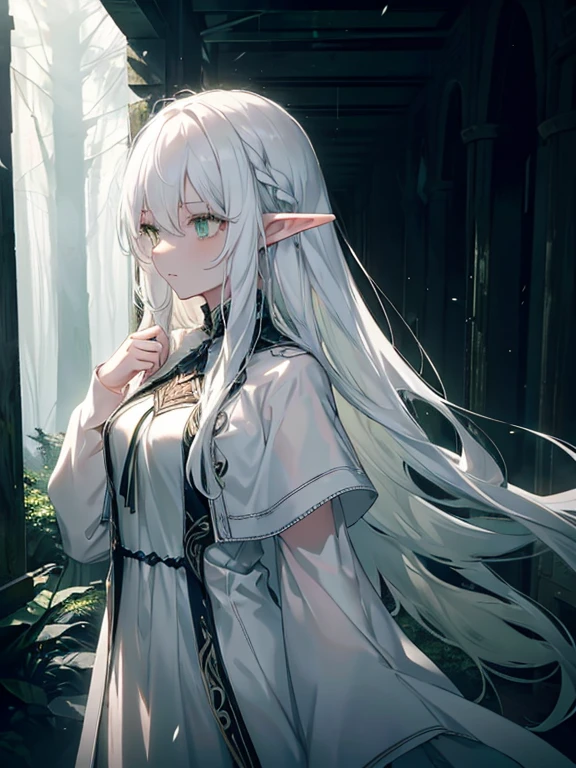 (elf), (long hair, white hair, green eyes), (dark forest, mist, fog, side lighting, best lighting), dark theme, (thin white dress, sexy), raining