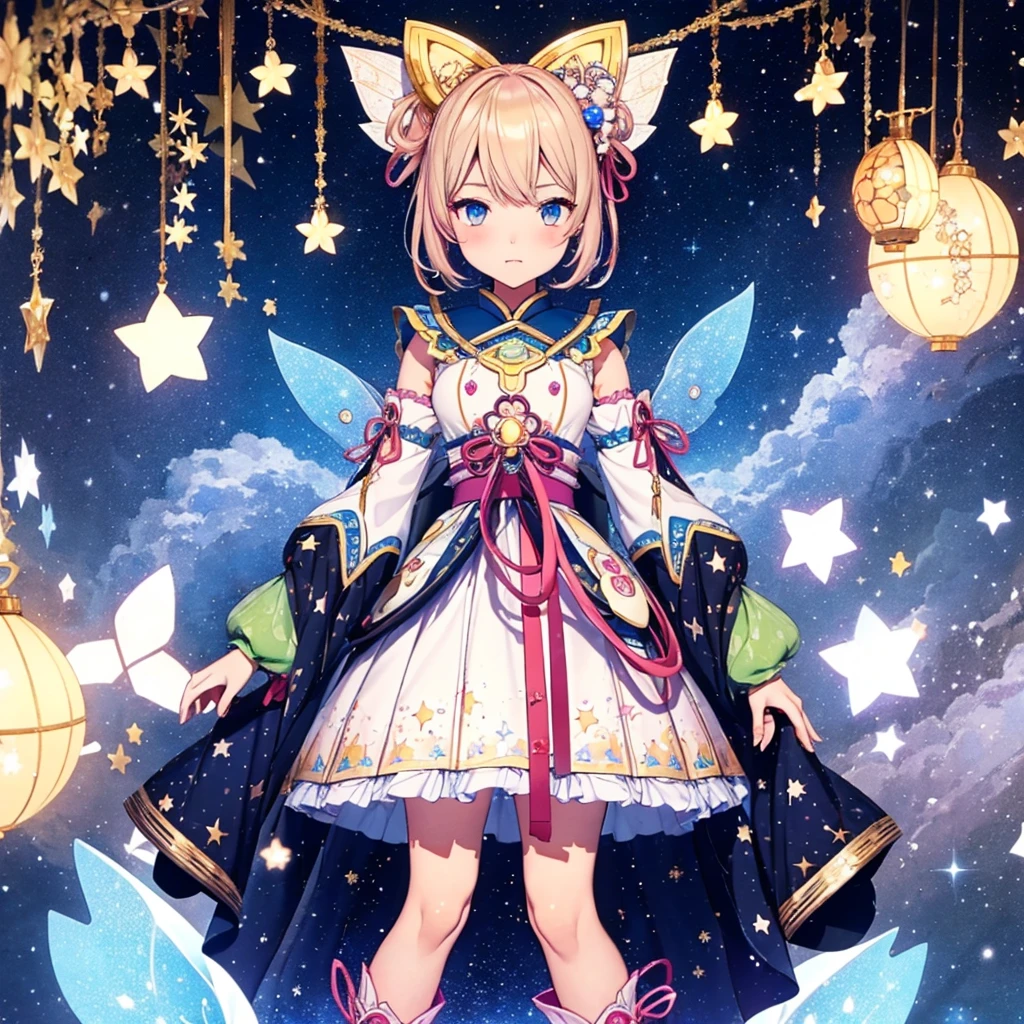 1girl、vtuber-fullbody、Star Fairy、masterpiece、official art、Super detailed、super beautiful、かわいいStar Fairy、white straight short hair、Milky Way、universe、star charm、star、、Knee-high boots、Japanese pattern dress、着物をリメイクしたOiranフリルゴスロリ、universeを表現したMilky Way柄Oiranフリルドレス、Oiran
