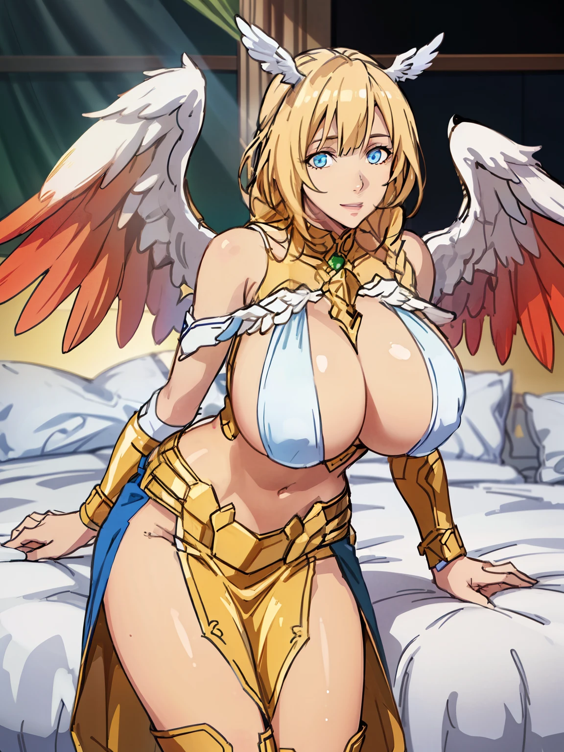 ((POV Double Licking nipple and Handjob : 1)), sarielx, god rays, gold armor, underboob, gold skirt, gold boots, angel wings, head wings, angel, wings, (luxury bedroom background), anime cels style, best quality, high resolution, 1girl, (huge breasts:1.2), beautiful face, cowboy shot, heterochromia, braided ponytail, braided bangs, smiling, looking at viewer