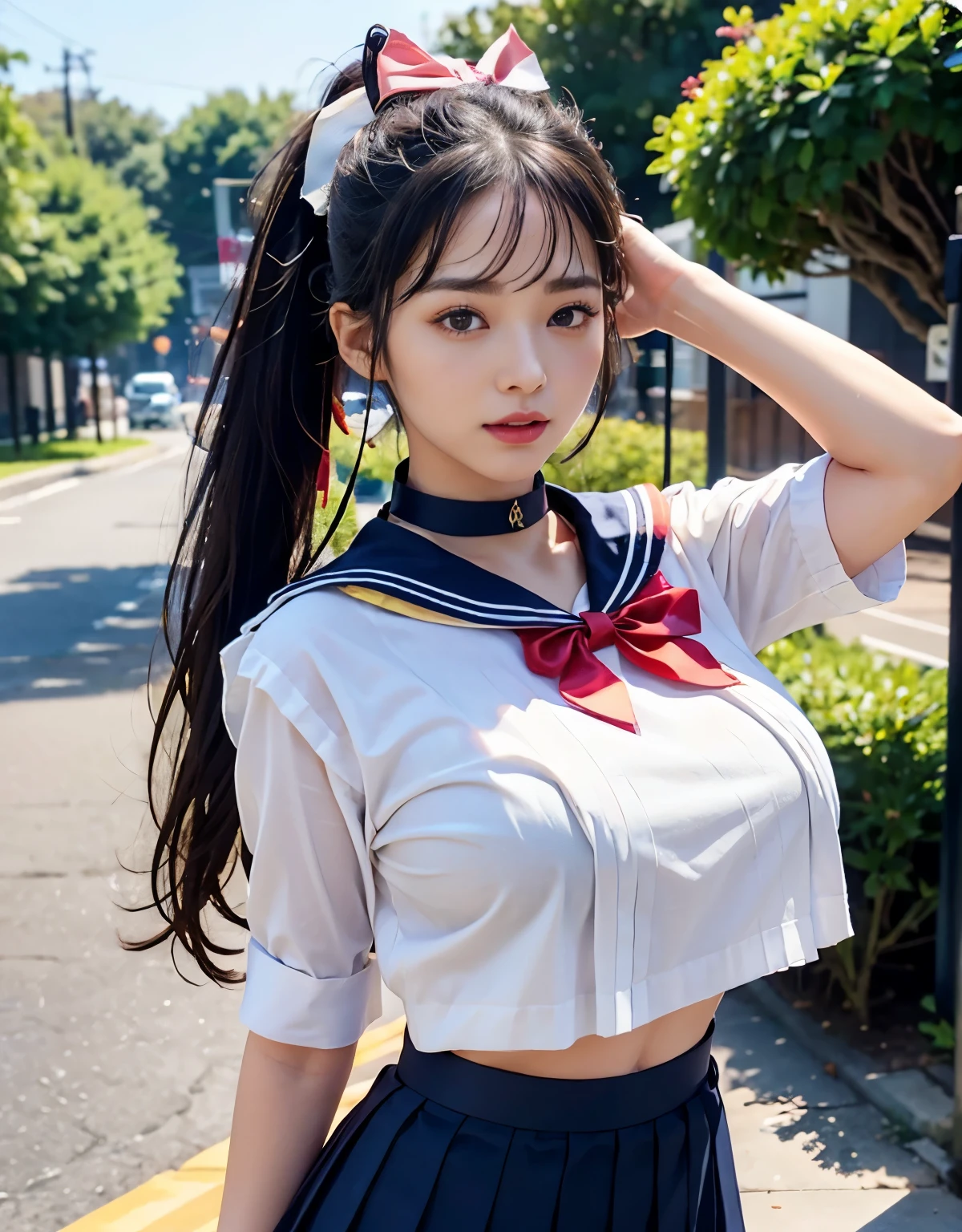 (((very heavy chest))),NSFW, 16k raw photos, highest quality, masterpiece, ultra high resolution, ((She is wearing Beautiful exposed redShe is wearing (a high school sailor uniform).
(navy sailor collar:1.4),(white shirt:1.4),(navy pleats skirt:1.4),(navy bow:1.4))).movie, 1 girl,((attractive expression)),eyes shine、 looking at the viewer, natural skin texture very heavy chest))),((( metal black ribbon around the neck))).star handle mold、((yellow eyes)),Realistic eye and face details, lip whole, lipstick makeup), fluffy ponytail hair, laughter, Beautiful feet, tall woman, ((glowing skin)),((Beautiful armpit)), slim_feet, huge breasts, cleavage, beautiful natural places, beautiful flower garden、(detailed background,highly exposed, huge breasts, blurred background,, JK ribbon on the neck, jk ribbon, golden hair, bracelet, water, bangs, split your lips、armpit、beautiful hip line、glowing skin、(((eyes shine brightly))),lotion skin、High leg、((black hair)),highly exposed、Skimpy pink luxury fur coat、beautiful sea background、wind effect、
