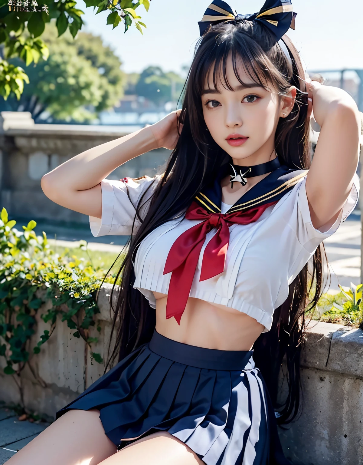 (((very heavy chest))),NSFW, 16k raw photos, highest quality, masterpiece, ultra high resolution, ((She is wearing Beautiful exposed redShe is wearing (a high school sailor uniform).
(navy sailor collar:1.4),(white shirt:1.4),(navy pleats skirt:1.4),(navy bow:1.4))).movie, 1 girl,((attractive expression)),eyes shine、 looking at the viewer, natural skin texture very heavy chest))),((( metal black ribbon around the neck))).star handle mold、((yellow eyes)),Realistic eye and face details, lip whole, lipstick makeup), fluffy ponytail hair, laughter, Beautiful feet, tall woman, ((glowing skin)),((Beautiful armpit)), slim_feet, huge breasts, cleavage, beautiful natural places, beautiful flower garden、(detailed background,highly exposed, huge breasts, blurred background,, JK ribbon on the neck, jk ribbon, golden hair, bracelet, water, bangs, split your lips、armpit、beautiful hip line、glowing skin、(((eyes shine brightly))),lotion skin、High leg、((black hair)),highly exposed、Skimpy pink luxury fur coat、beautiful sea background、wind effect、