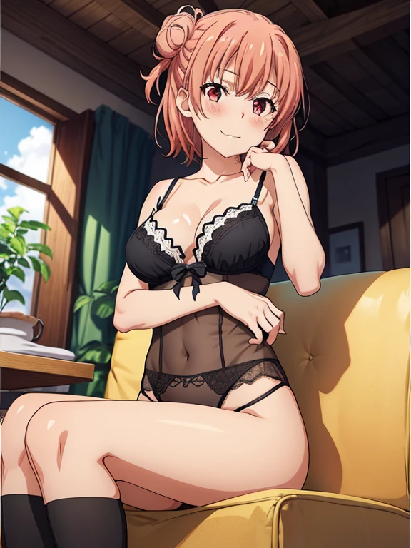 ((masutepiece, Best Quality, hight resolution, nffsw, Perfect Pixel, depth of fields, 4K, )), 1girl in, Solo, , Beautiful anime girl, Beautiful Art Style,
sitting on sofa:1.3, livingroom background, Looking at viewer.
Perfect body, smug face, show teeth, pink lingerie, black stockings:1.2, hands behind head:1.3,
Yuigahama Yui, Hair bun, short hair, large breasts, Full face blush,
straight-on:1.5, very low angle:1.3,