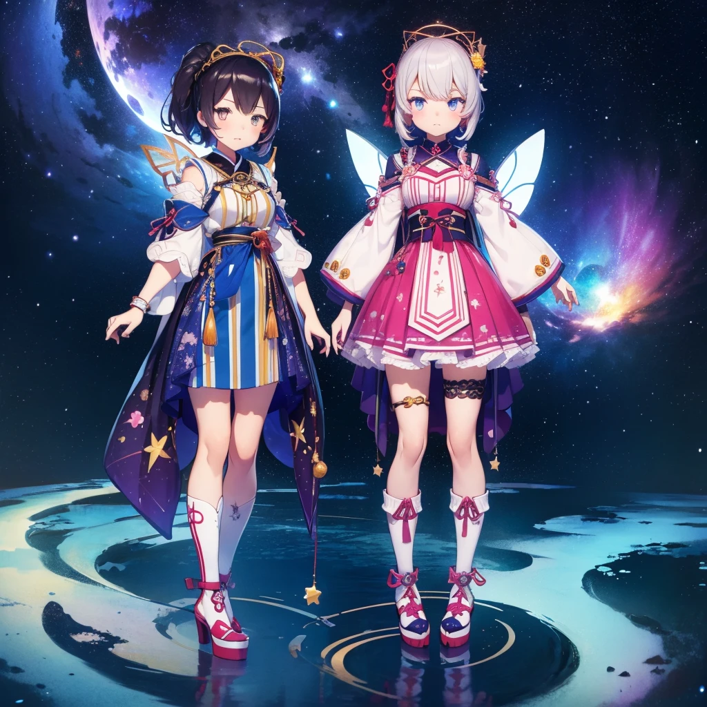 1girl、vtuber-fullbody、Star Fairy、masterpiece、official art、Super detailed、super beautiful、かわいいStar Fairy、white straight short hair、Milky Way、universe、star charm、star、baby face、Knee-high boots、Japanese pattern dress、着物をリメイクしたOiranフリルゴス**、universeを表現したMilky Way柄Oiranフリルドレス、Oiran