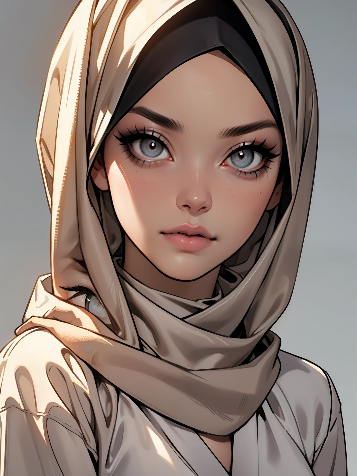 (Masterpiece, best quality) detailed, character sheet, ((a woman, beautifully makeup, eyeshadow, beautiful big eyes, long eye lashes, wearing (Taupe satin hijab), ((gray satin shirt)), satin long maxi skirt)), photography, detailed skin, realistic, photo-realistic, 8k, highly detailed, full length frame, High detail RAW color art, diffused soft lighting, shallow depth of field, sharp focus, hyperrealism, cinematic lighting, yokai illustration style, Aztec art, style artgerm, full of details. Standing Symmetric Centre, facing the viewer, gray background.