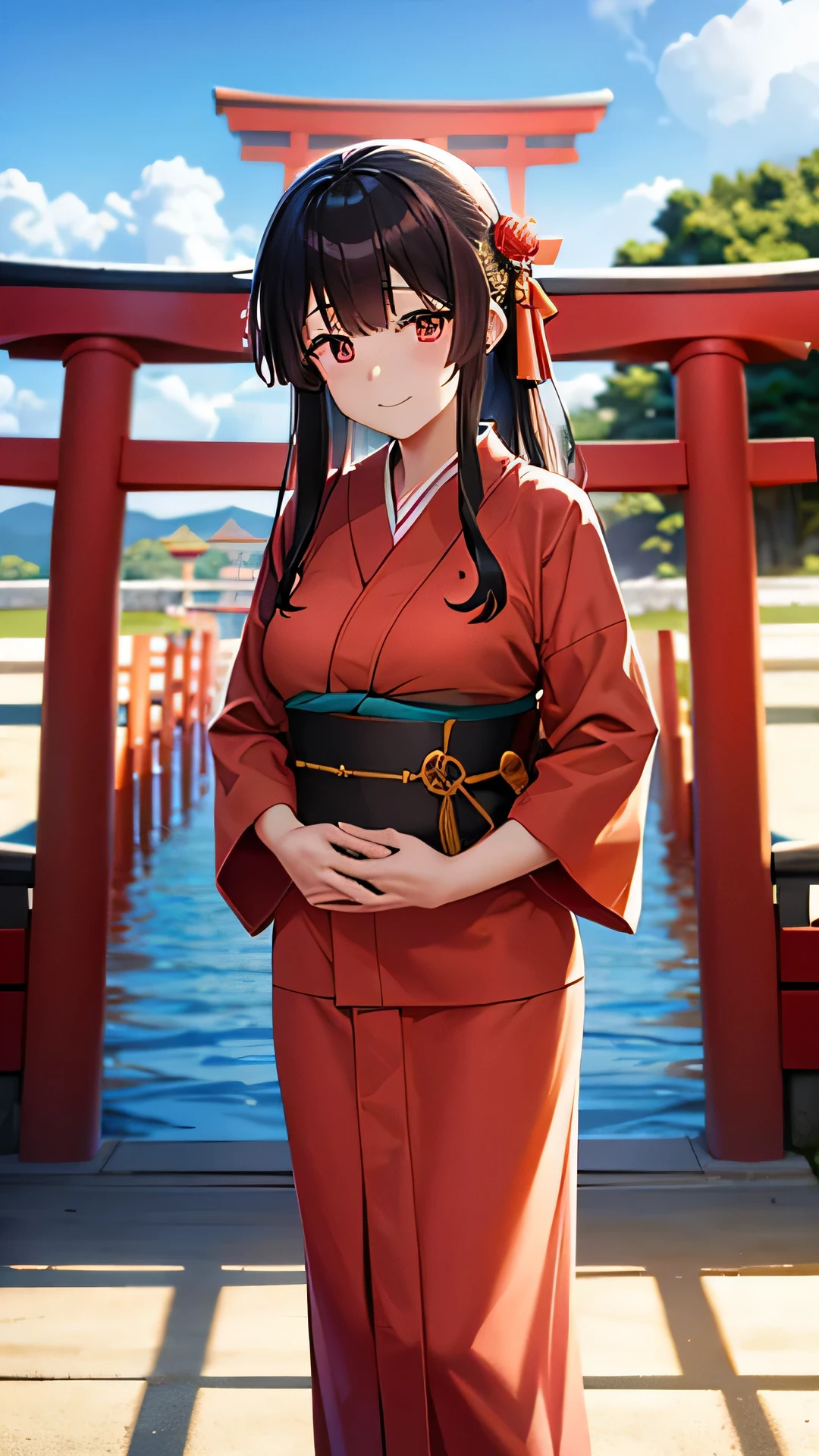 Miyajima in Hiroshima、A woman wearing a vermilion kimono near the torii gate、with the calm sea in the background、Posing with a soft smile。Behind her is a large torii gate.、It highlights its beauty as a symbol of peace.。