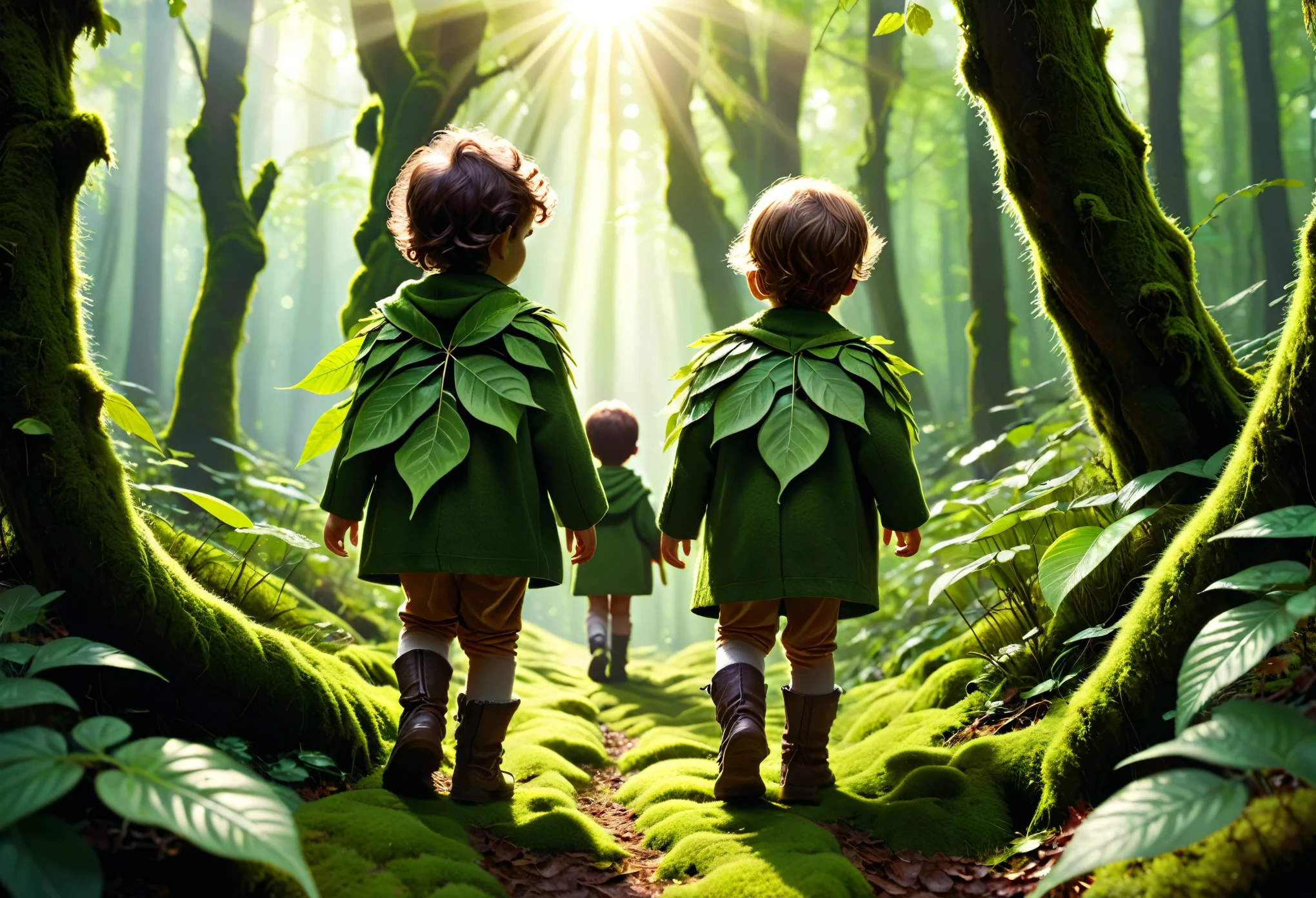 Little people walking across thick, mossy tree branches、The little people wear clothes made of leaves、in the deep forest、The sun's rays shine through the forest、High definition、high resolution、High color rendering、High resolution、Super realistic、photo realistic