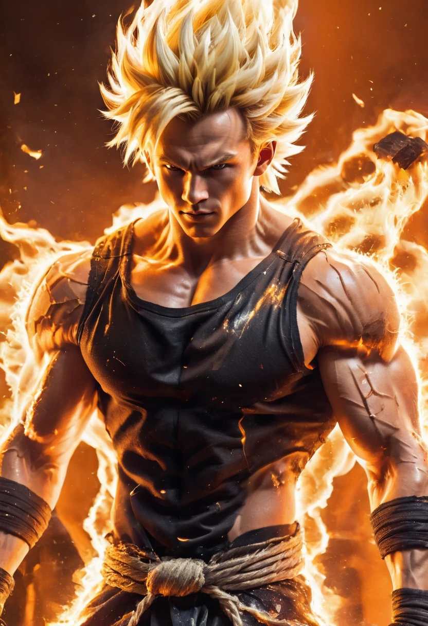 Super Saiyan one,1boy,artist name,aura,blonde hair,clenched hand,clenched hands,debris,dougi,electricity,embers,fire,gloves,glowing,male focus,muscular,orange background,solo,spiked hair,standing,teeth,torn clothes,veins,watermark