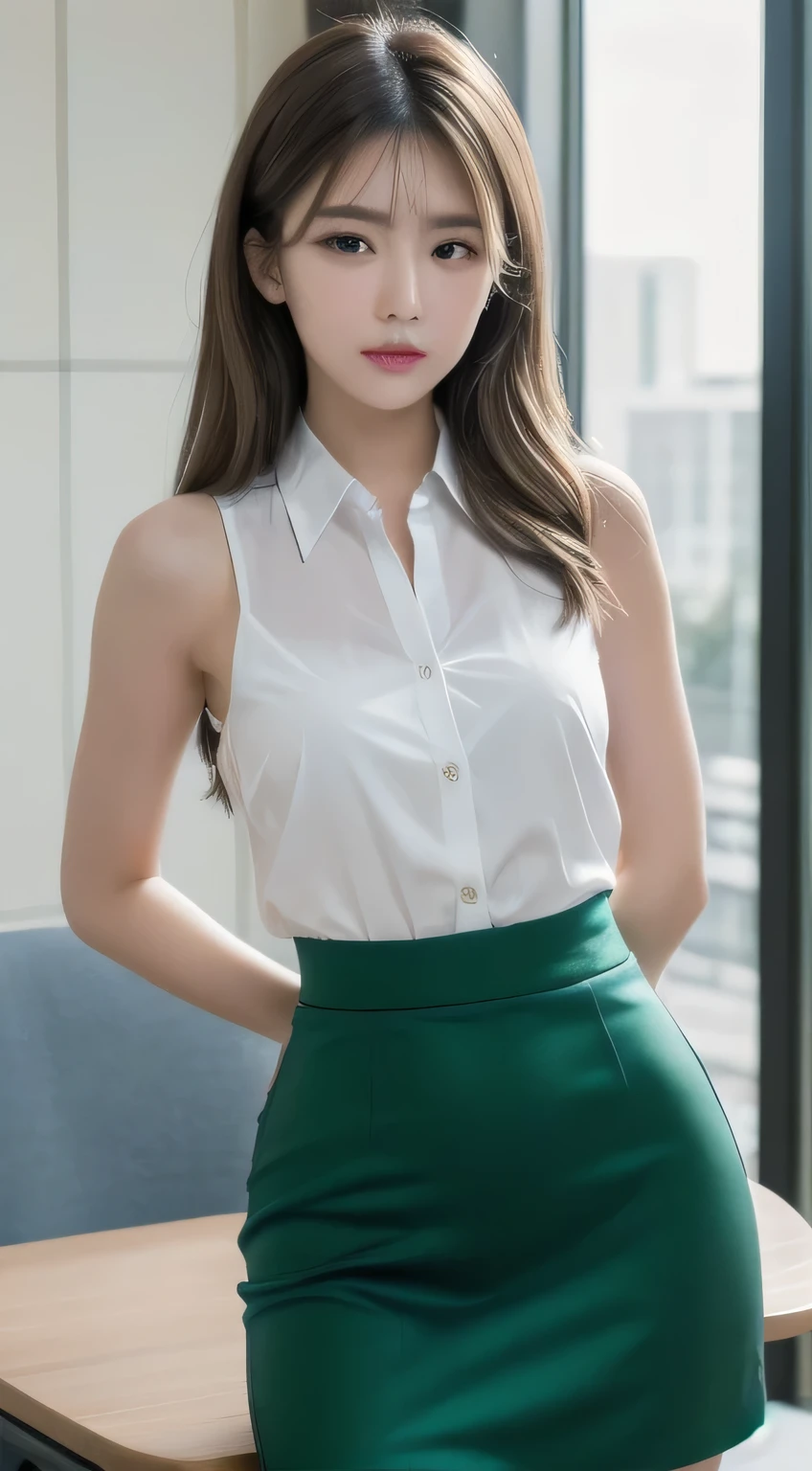 (highest quality, 8K, table top, ultra hd: 1.3), 1 girl, ,light brown hair, dull bangs, hair behind the ear, hair on shoulders, long hair, slender body shape, Extra-fine face, delicate lips, beautiful eyes, double eyelid, lipstick, light blush ,green eyes ,perfect shiny skin,perfect skin,pure white skin,Sweat,inviting gaze, chest,ultra thin hands, extra thin fingers, collared shirt, Tight Skirt , beautiful feet ,pumps. office