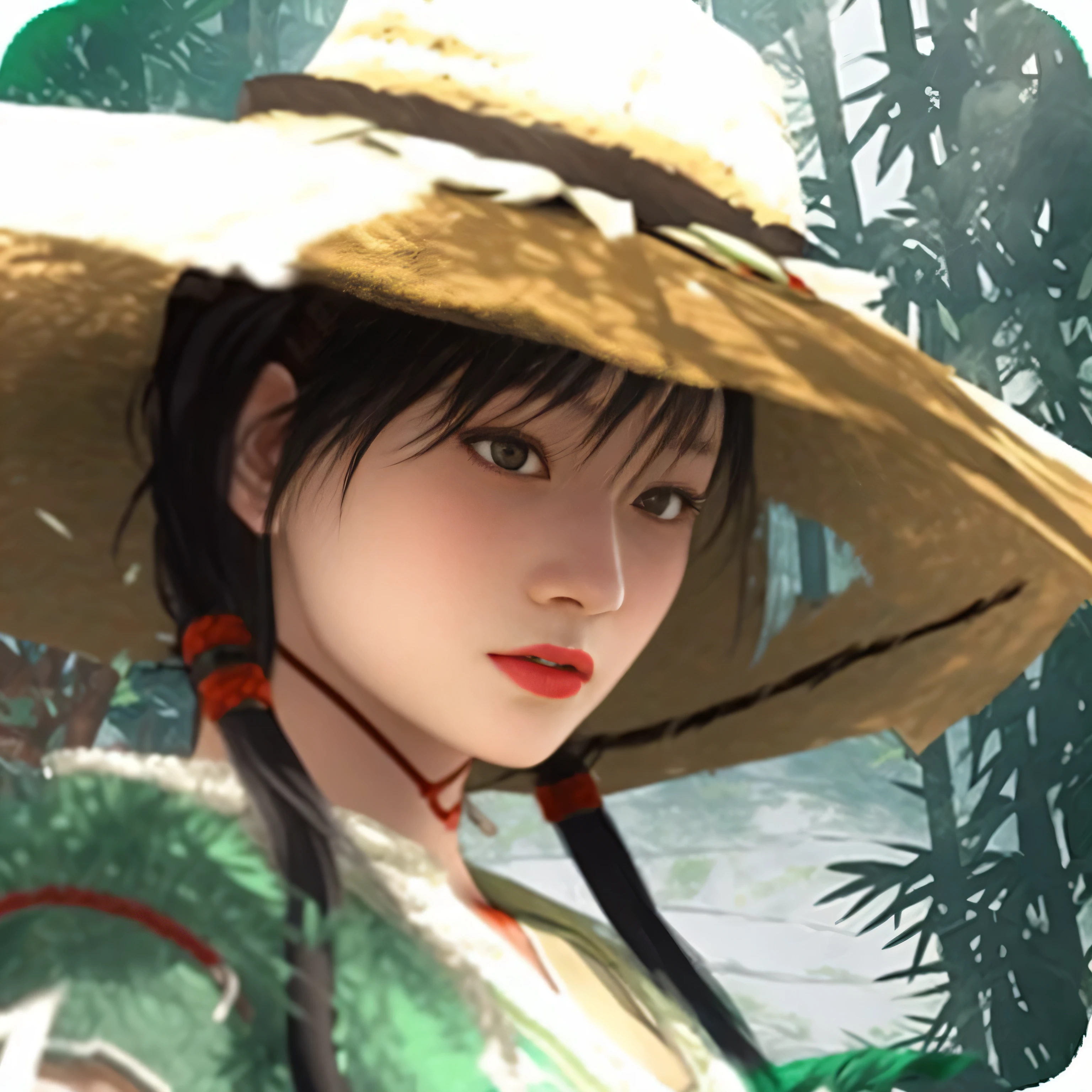 there is a woman wearing a hat and a green dress, as a character in tekken, inspired by Li Mei-shu, yun ling, mai shiranui, kunoichi, xianxia hero, inspired by Cao Zhibai, inspired by Leng Mei, inspired by Wu Zuoren, lei min, masuimi max, mei-ling zhou