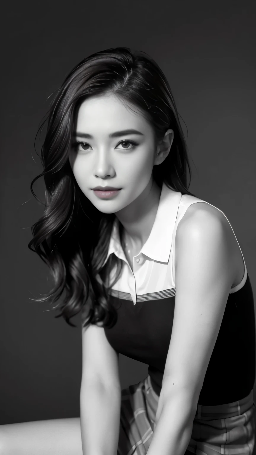 ((top quality, 8K, masterpiece:1.3)), (focus control:1.2), (Perfect Body Beauty:1.4), ((delicate hair)), (Highly detailed face and skin texture), fair eyes, double eyelid, (shiny skin:1.3), 1 woman, (dark brown wavy hair), (beautiful teeth), very small face, smile, Concentrate upon: 1.2, socks, fantastic garden, matted hair, droopy eyes, (sexy golf skirt:1.2), German woman, (solid color background:1.4),