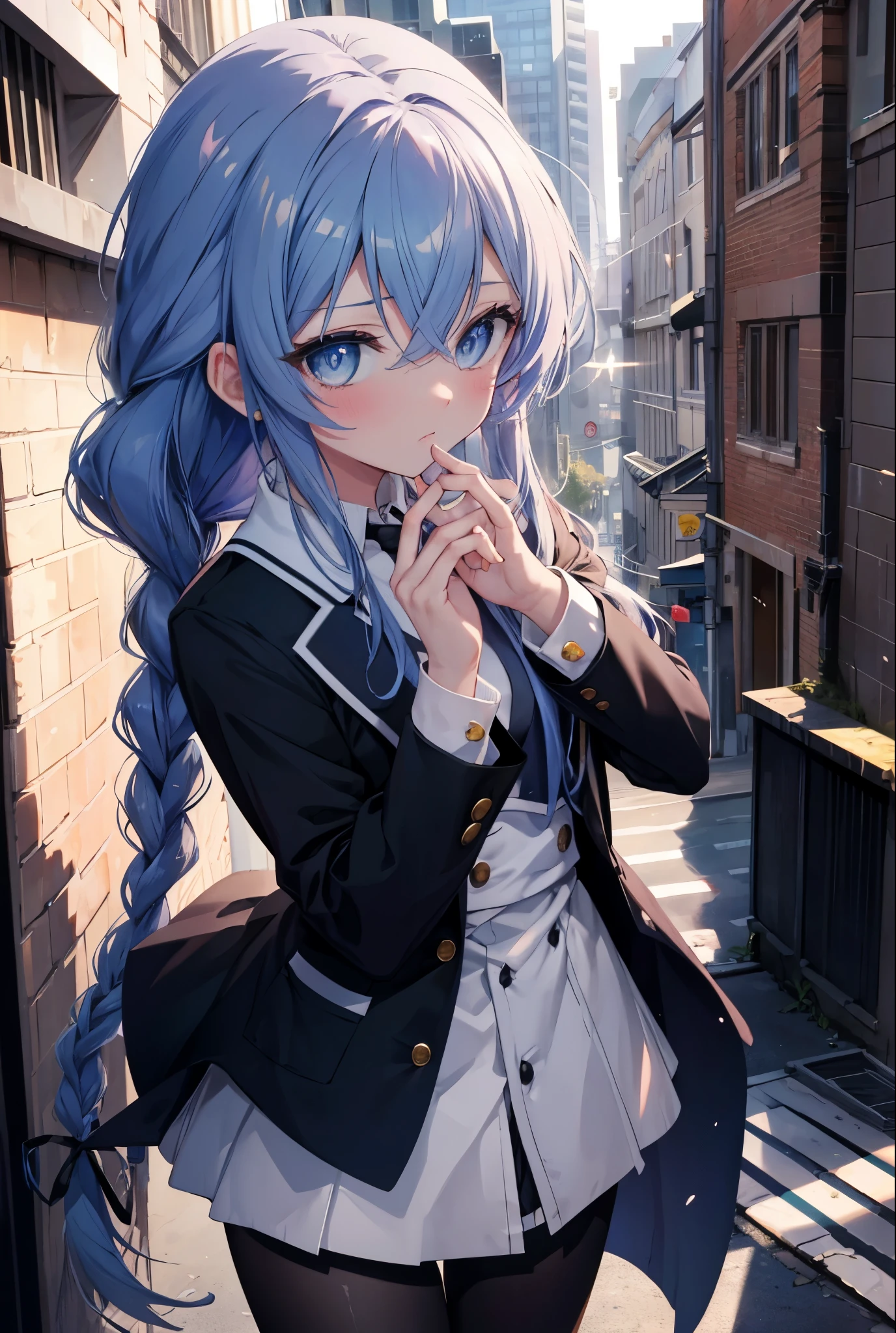 (masterpiece,intricate details),1 girl,mature woman,light _face, BREAK Roxymigurdia, Roxy, Ahoge, black ribbon, blue eyes, blue hair, Braid, hair between eyes, hair ribbon, long hair, twin Braids, very long hair, Destroy White Y-Shirt,Blue Blazer,Blue pleated skirt,Gray pantyhose,White Loafers,blush,笑face,
壊す looking at viewer,
break outdoors, In town,Destroy a city of buildings (masterpiece:1.2), highest quality, High resolution, unity 8k wallpaper, (figure:0.8), (detailed and beautiful eyes:1.6), 非常に詳細なface, perfect lighting, Very detailed CG, (perfect hands, perfect anatomy),