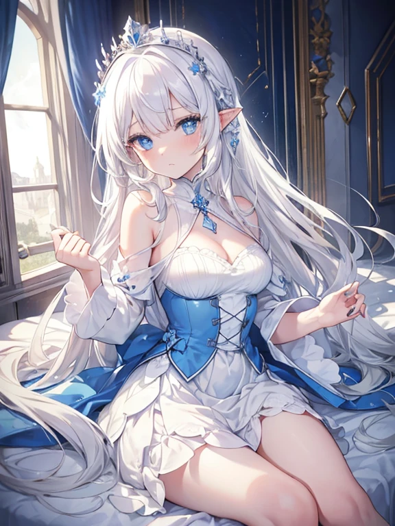 tmasterpiece,Superb image quality,top Quority,Lazy wind,wide blue eyes,White hair,Dull hair,Beast-eared maiden,White tones,sitted,1girll,Solo,adolable,a blue dress,Big hazy eyes,Facial details are exquisite,Beth,onbed,Impeccable,Cute pose,Exquisite clothing,Delicate tiara