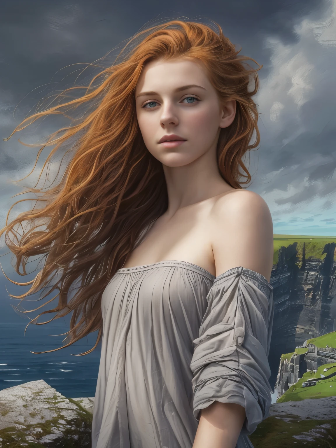 Masterpiece, 1girl in, age18, Solo, Aesthetic artwork, half body shot of a beautiful irish teen standing on top of the Moher cliffs, overlooking the Atlantic Ocean, wavy ginger hair, shoulder length hair, gray eyes, light grey eyes, pale skin, A-cup, small breasts, slim runners body, (textured skin, skin pores:1.1), goosebumps, standing, beautiful Moher Cliffs as the background, sunny day, strong wind, 16k, ultra high res.photorealistic, UHD, RAW, wide angle, (nsfw:1.2)