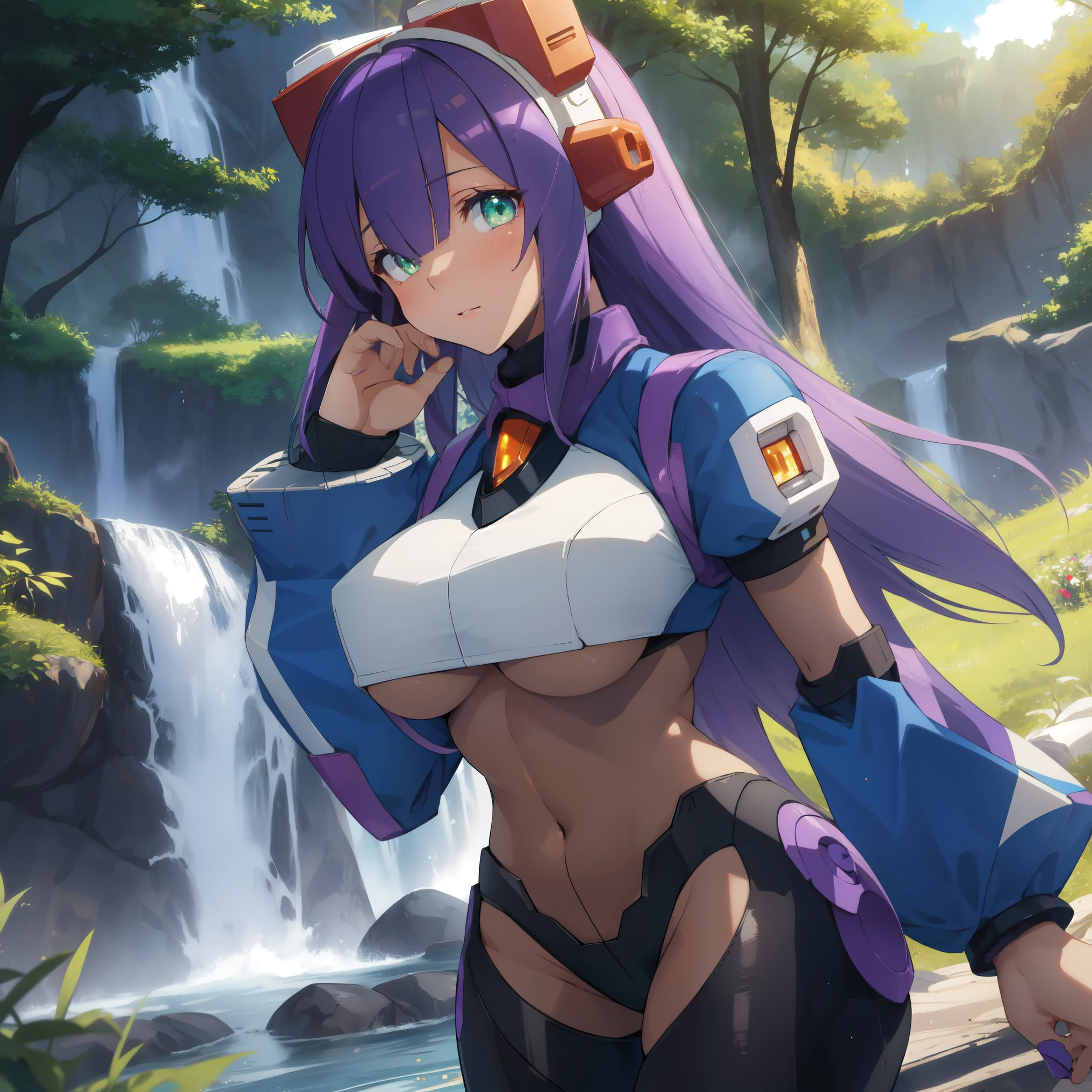 layer_megamanx, 1girl, solo, long hair, purple hair, green eyes, blunt bangs, hair over eyes, ?????????????, dark skin, dark-skinned female, android, underboob, robot ears, high quality, masterpiece, in a dark forest looking out at a waterfall, in the style of ultra detailed, dark cyan and light bronze, eye-catching tags, physically based rendering, depictions of inclement weather, heavy shading, landscape inspirations