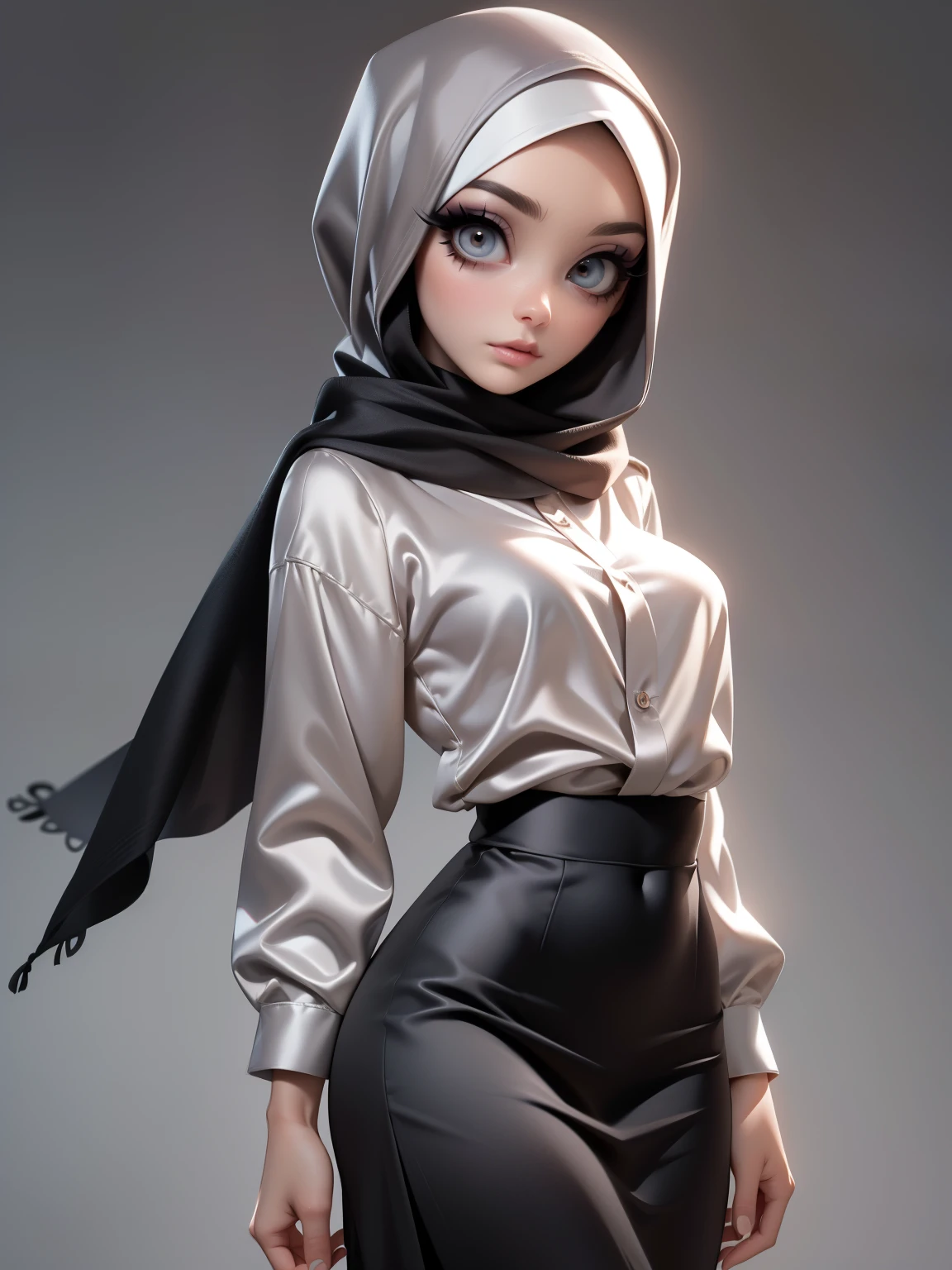 (Masterpiece, best quality) detailed, character sheet, ((a woman, beautifully makeup, eyeshadow, beautiful big eyes, long eye lashes, wearing (Taupe satin hijab), ((gray satin shirt)), satin long maxi skirt)), photography, detailed skin, realistic, photo-realistic, 8k, highly detailed, full length frame, High detail RAW color art, diffused soft lighting, shallow depth of field, sharp focus, hyperrealism, cinematic lighting, yokai illustration style, Aztec art, style artgerm, full of details. Standing Symmetric Centre, facing the viewer, gray background.