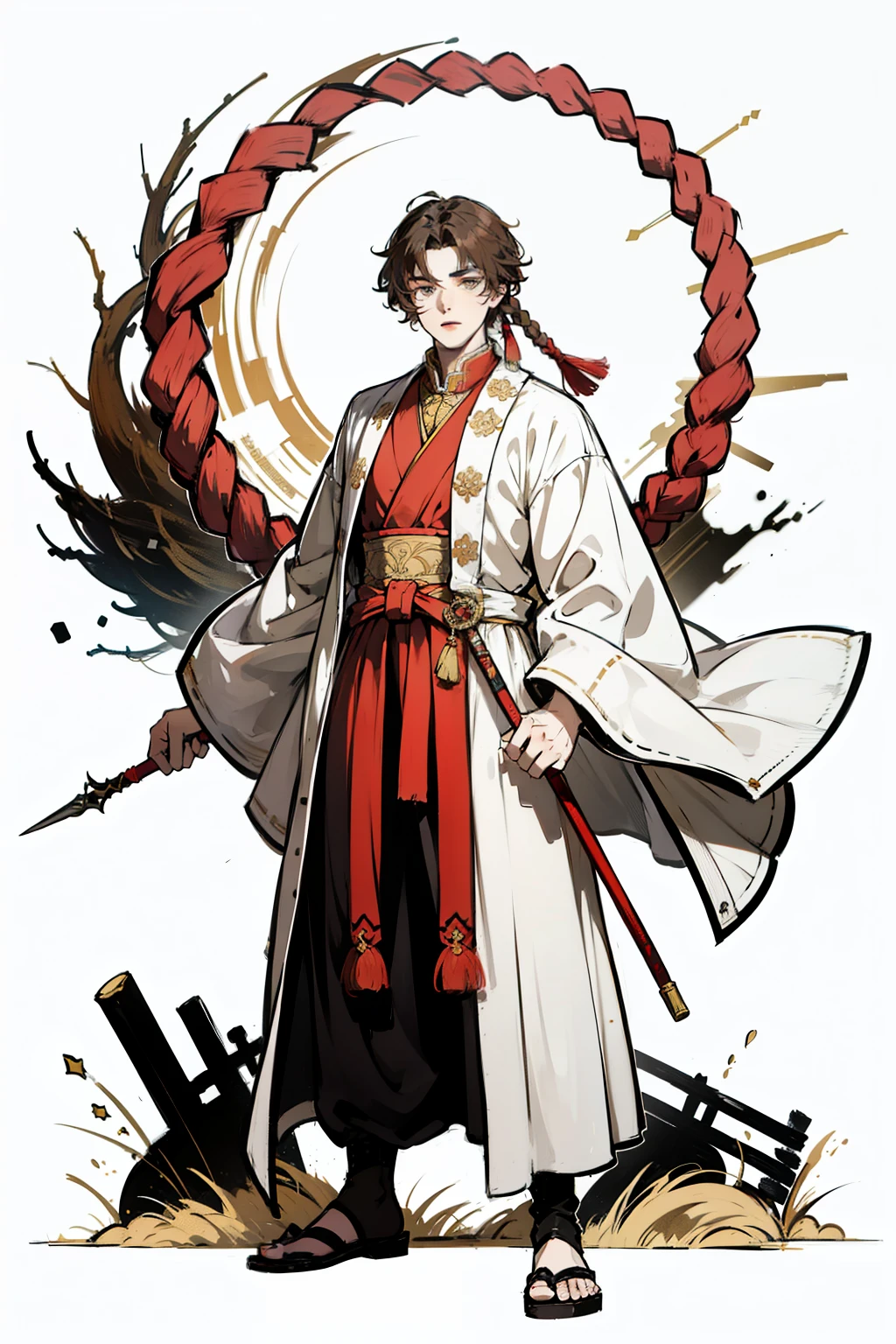 ((best quality)), ((masterpiece)), (detailed), perfect face，19-year-old ancient style boy，Height 1cm，Fluffy brown hair，golden eyes，M-shaped bangs，A short, medium-length braid tied behind the head，Lightweight ancient warrior costume，Holding a Chinese spear tied with a red rope，stand upright，vigilante