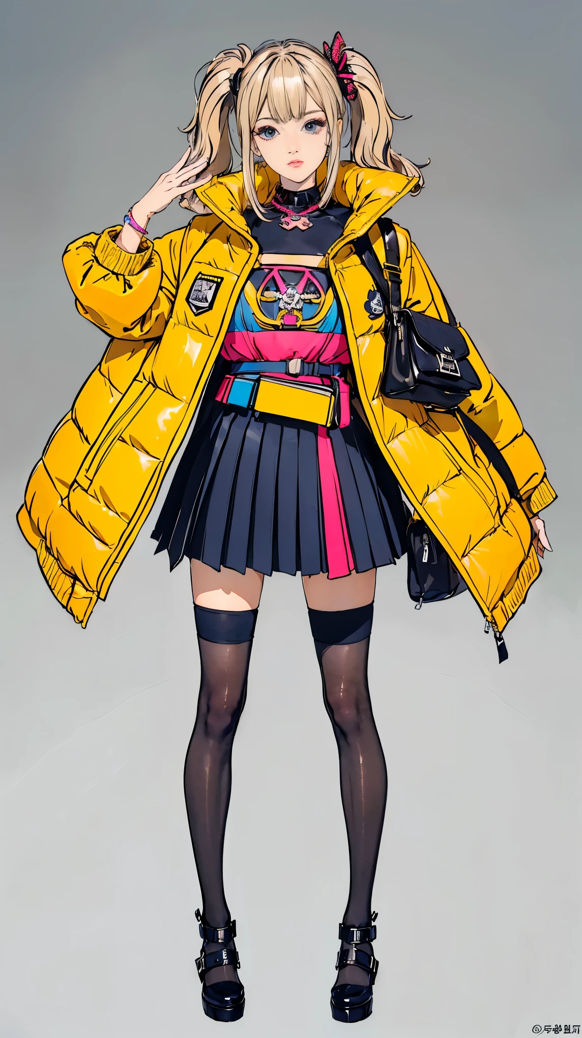 ((best quality,4k,highres,masterpiece:1.2)),((character concept art)), 1 female, age 17, Japanese. Known for her talkative and friendly demeanor, ((she embodies the Gyaru style with her dyed blond hair and tanned skin)). Her body is a head-turner, distracting every man around her. Despite her flirty nature, she is approachable and friendly, making her popular among her classmates. She's usually seen in trendy, flamboyant outfits, reflecting her bold and outgoing personality. Notably, (((she wears an ISSEY MIYAKE Pleats Please Colorful Top for its vibrant hues and unique textures, an ISSEY MIYAKE Bao Bao Prism Crossbody Bag for its geometric, futuristic appeal, and an ISSEY MIYAKE Pleats Please Puffy Jacket for a modern, edgy twist to her appearance))). Her body language exudes confidence and charm, always drawing attention to herself. ((intricate detail)), super finely detailed hands, ultra finely detailed fingers(((ten fingers))), (standing confidently), (full body showcase), (show full body), (no logos on background), (no logo), ((plain background)), ((plain background)), (((empty background))).
