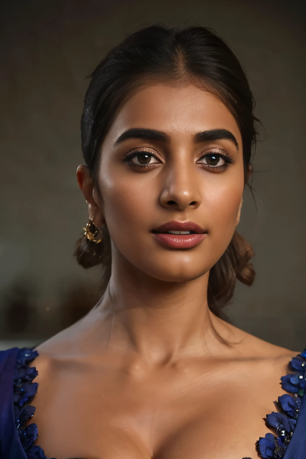 close-up portrait, (portrait photo), ((best quality)), masterpiece, 8k wallpaper, nikon, cinematic lighting, medium hair, ((blue iris)), (photorealistic:1.4), (pooja hegde), (as maid), (deep cleavage)