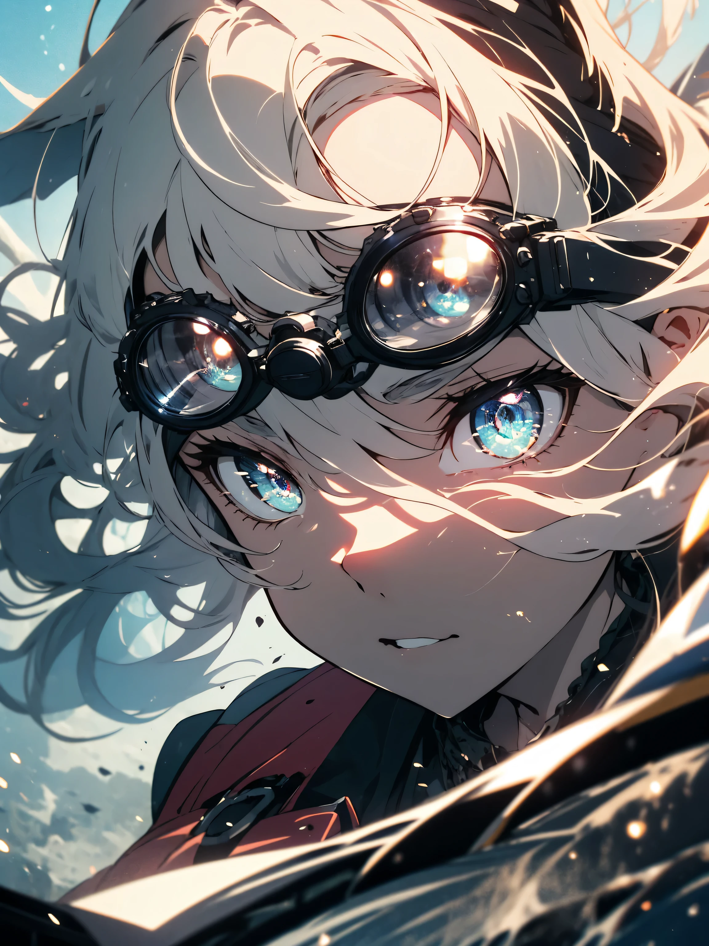 (highest quality、masterpiece、High resolution、become familiar with),  (shining eyes、detailed beautiful face)、anime style, super fine illustration, highly detailed, dynamic angle, beautiful detailed, 8k, In a steampunk world, an open car slices through the wind. BREAK A brave woman with goggles sits at the helm, her hands gripping a steam and gear-powered steering device, as if speeding into the future. BREAK Surrounded by the sounds of steam and machinery, she drives the car with utmost confidence、(beautiful anime)