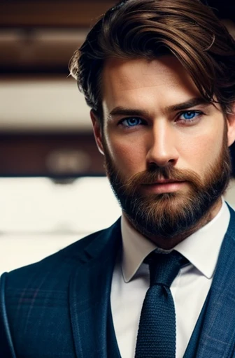 (best quality,realistic),brown hair,short style,detailed face,sharp focus,professional,blue eyes,attractive facial features,beard,stylish outfit,confident expression,standing pose,stunning lighting,cinematic look,vivid colors