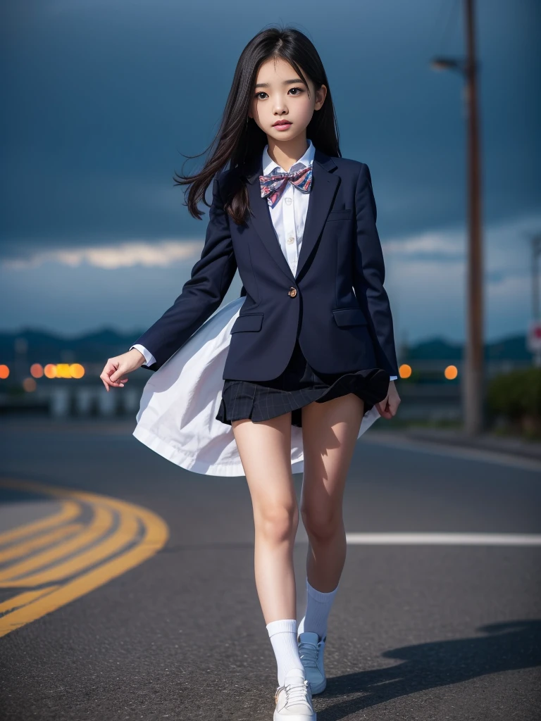 (masterpiece, highest quality:1.4), award-winning portraits, 8K, 85mm, alone, beautiful face, delicate girl, , (dark navy blazer jacket), dark navy skirt, long sleeve, violaces, gardenia, grace, Sophisticated, cute, teen, looking at the viewer, 15 years old, Raw photo, disorganized, HDR, sharp focus, A bow tie, background bokeh、(((flat 、thin and delicate body、A childish atmosphere)))、Her shiny semi-long hair is tied up、hair swaying in the wind、Mole on the left cheek、large, round, dark blue eyes、full body、random pose、Run、sprinting、Skirt fluttering in the wind、Junior idol、Nogizaka Idol、widening skirt、jump、mole under eye、sexy