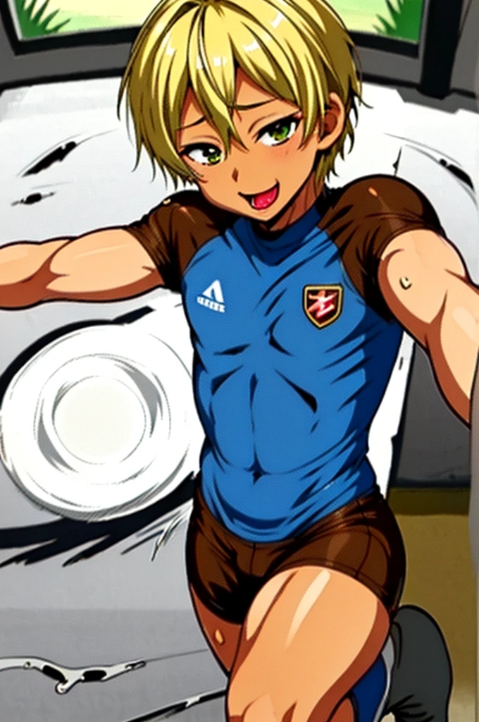 (((official art,Ultra-fine illustration,High resolution, 最high quality,最high quality,)))high quality, become familiar with, ( boy),12 yeaung ace striker male idol with a super cute face,A boy as beautiful as Planding, long legs, thighs, feet, (There is no swelling in the chest), 、(((Vulgarity))),((blonde short hair))、(golden hair、short hair)、((brown skin:1.5)),(Tight shiny white and green training bodysuit),Ultra-fine painting, ,service shot、bulge in crotch、 (tight and shiny spats), (soccer socks), lawn area, (厚いthighs)、(((fitness gym)))、((Saucy、))、grin and laugh、tongue licking、feetを広げて,