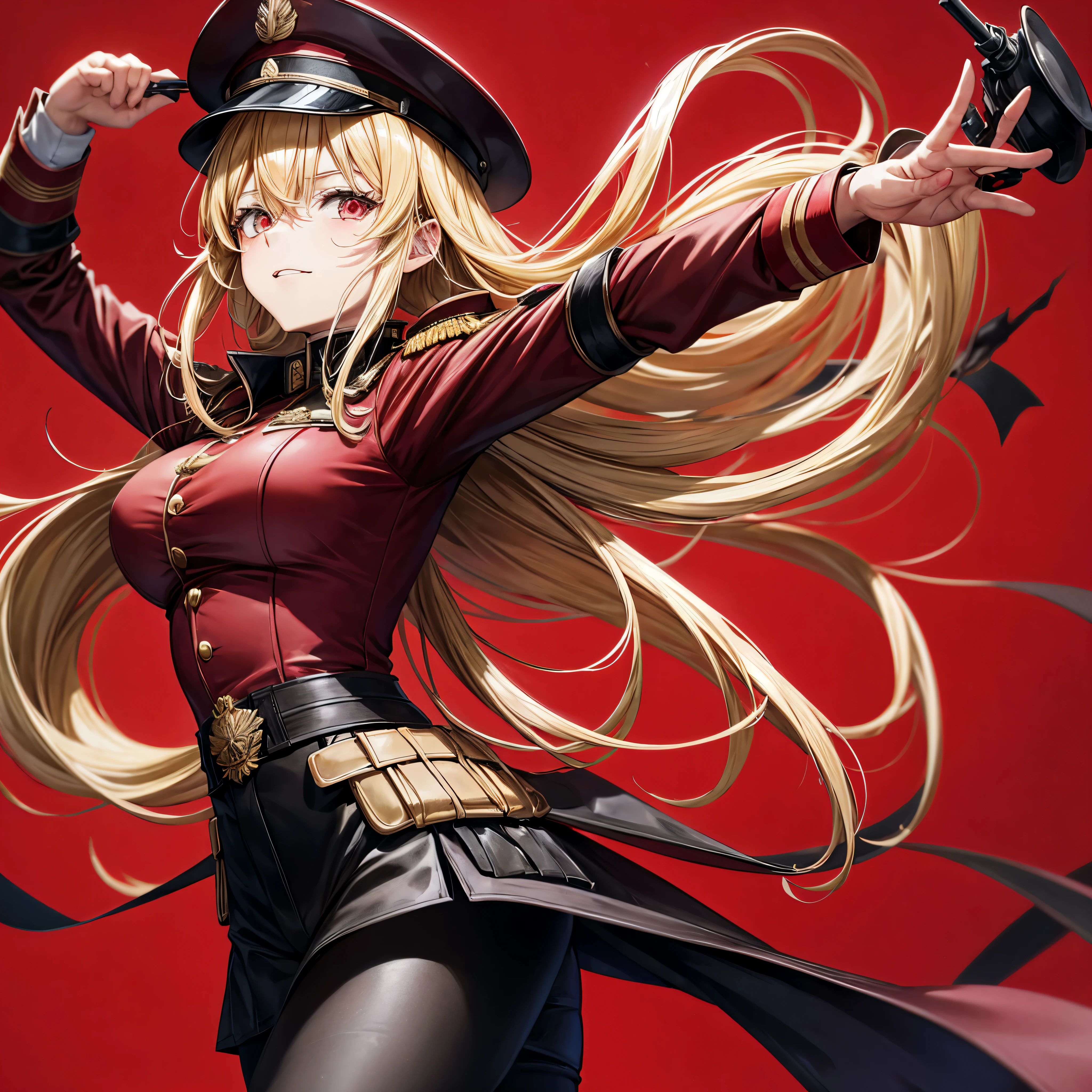 tanya degurechaff, Tanya the devil, Red background, Cool, Adult woman, Equipmentary, Holding her hat, German soldier